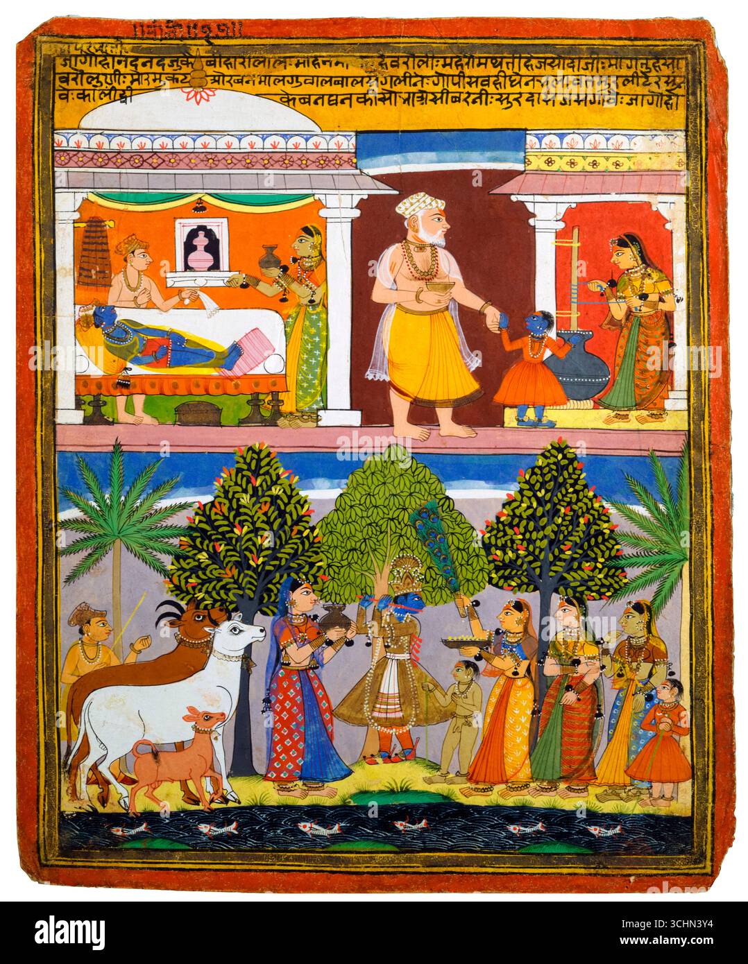 Scene dell'infanzia Krishna, da un manoscritto Sur Sagar, manoscritto miniato di Manohar (attribuito), XVII secolo Indian Art, 1655-1660 Foto Stock