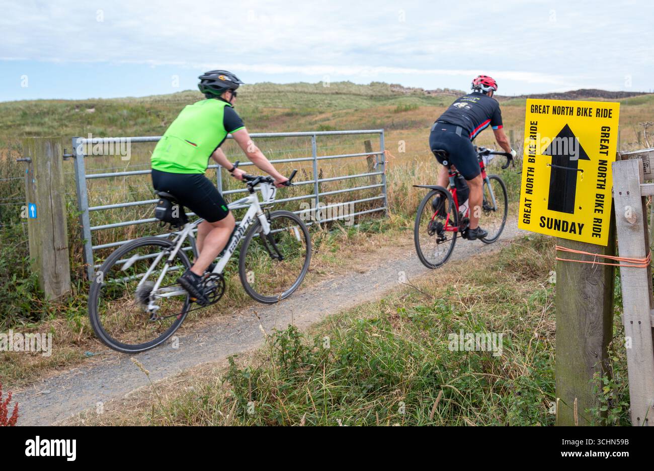 Ciclista che partecipa al Great North Bike Ride, percorrendo la pista ciclabile nazionale numero uno lungo la costa del Northumberland. Foto Stock