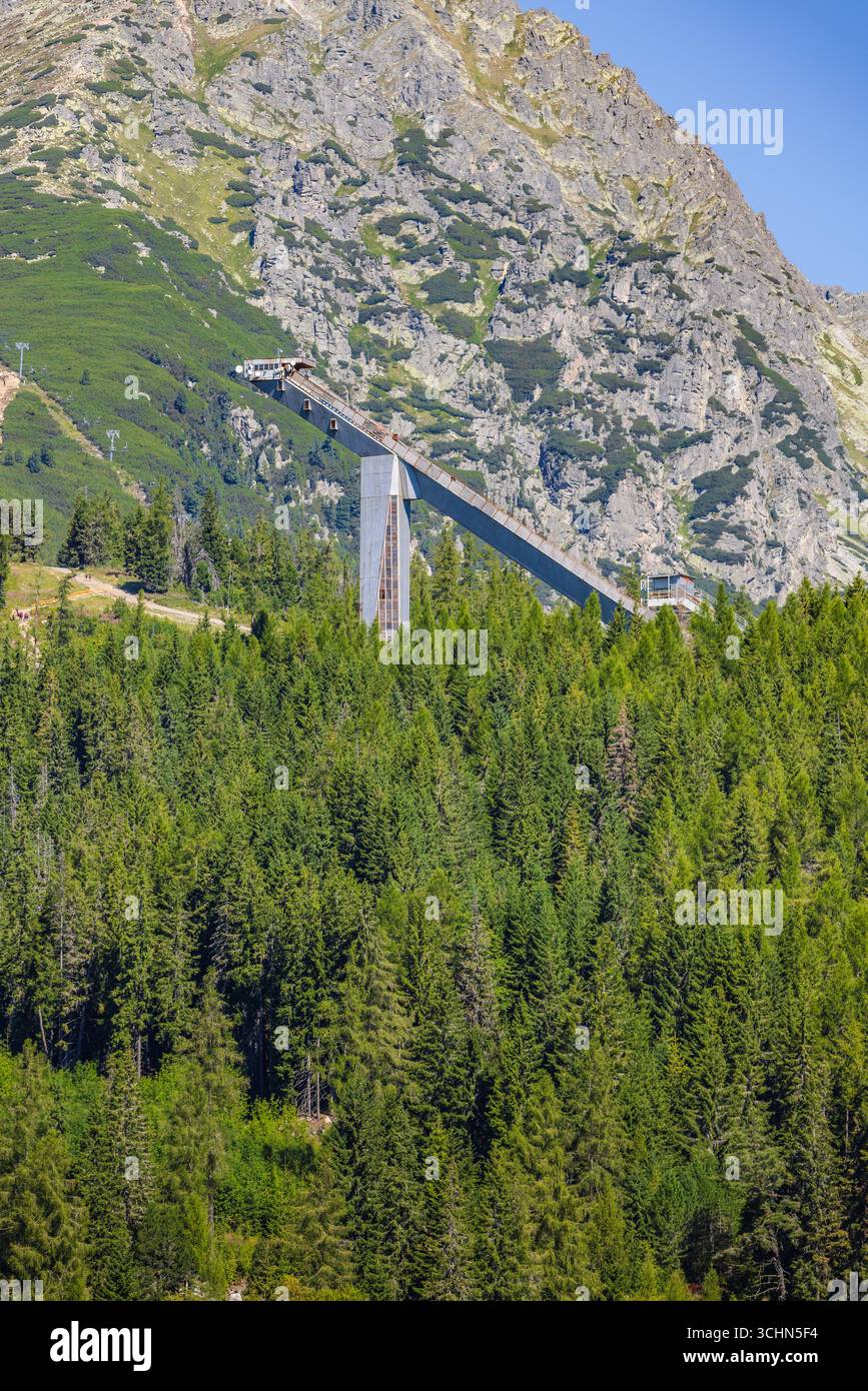 Vecchia torre di salto con gli sci sopra il lago Strbske Pleso negli alti Tatra, circondata dalle montagne, in Slovacchia. Parco nazionale High Tatra Foto Stock