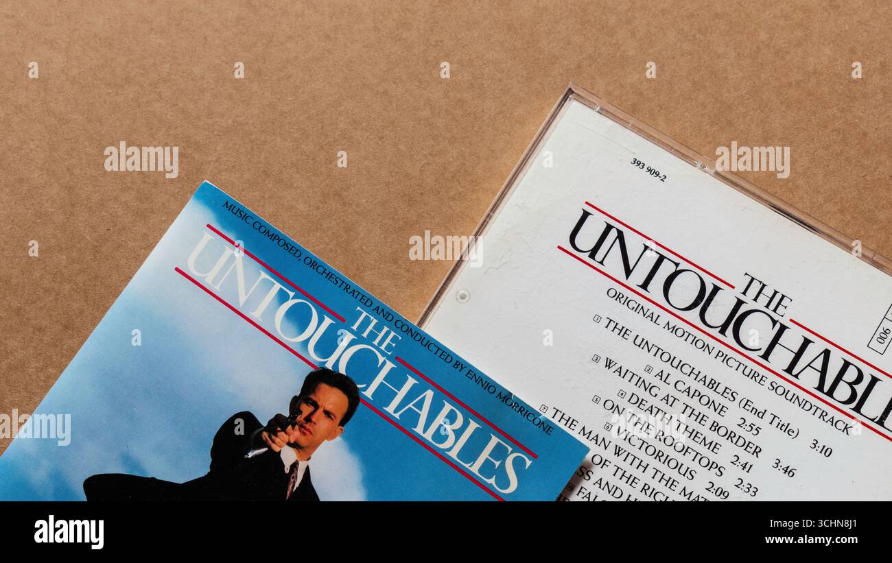 The Untouchables Original Motion Picture Soundtrack CD album, isolato su sfondo bianco chiaro, Ennio Morricone. Foto Stock
