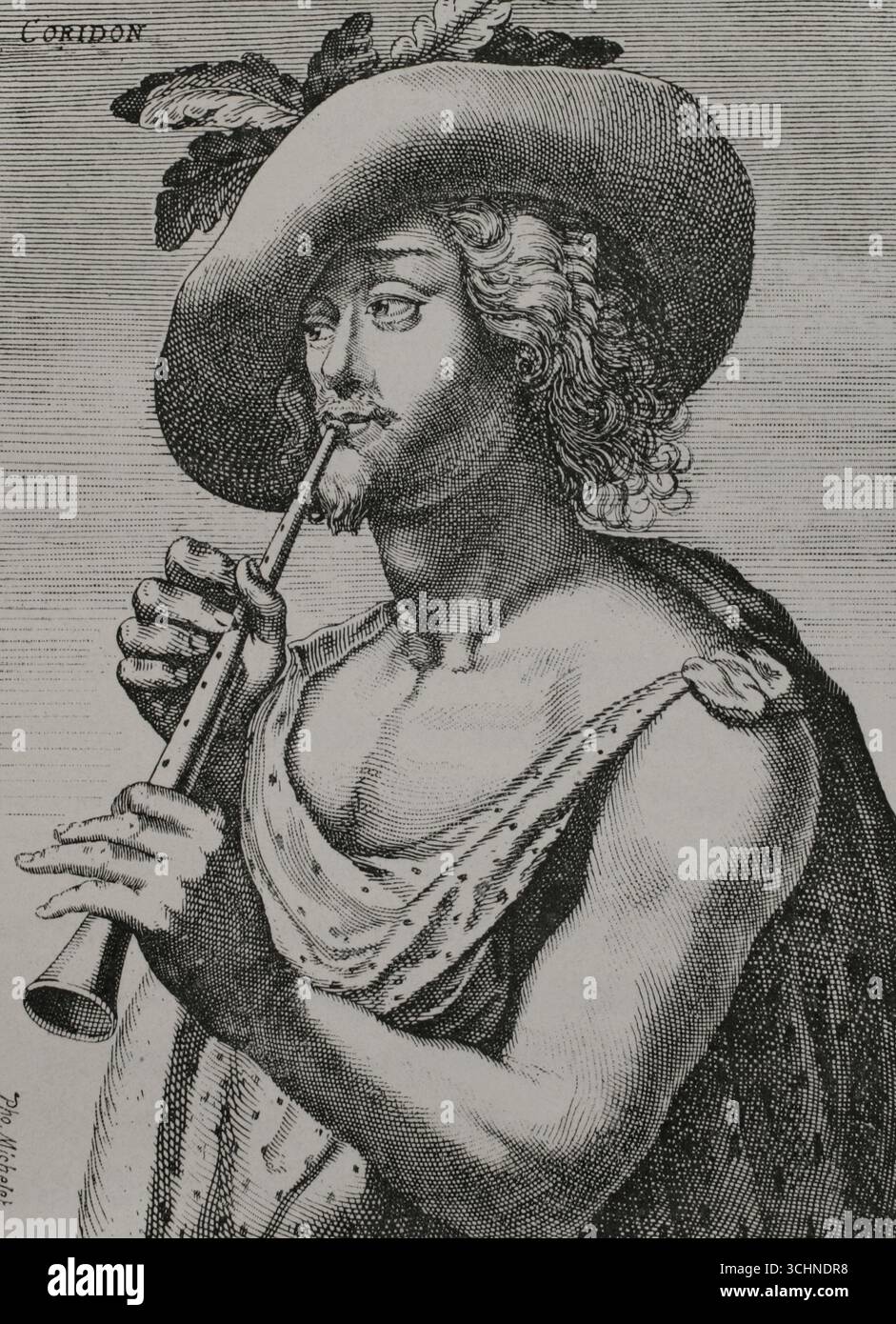 Herder Corydon. Incisione di le Blond. XVI siècle: lettres, Sciences et Arts, France 1590-1700 (XVII secolo: Lettere, scienze e arti), di Paul Lacroix. Pubblicato a Parigi da Librairie de Firmin-Didot et Cie, 1882. Foto Stock