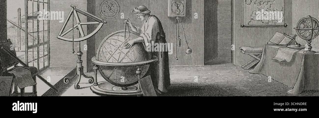 Jean Richer (1630-1696). Astronomo francese dell'Osservatorio di Parigi. Fu il primo scienziato ad osservare che la forza gravitazionale non era identica in tutti i punti della Terra. Osservazioni astronomiche e gravimetriche dall'isola di Cayenne (Guyana francese), dove Jean Ritcher fu inviato dall'Accademia francese delle scienze nel 1672 per osservare Marte durante il suo perigeo. Incisione di Sébastien Leclerc (1637-1714). XVI siècle: lettres, Sciences et Arts, France 1590-1700 (XVII secolo: Lettere, scienze e arti), di Paul Lacroix. Pubblicato a Parigi da Librairie de Firmin-Didot et Cie, 1882. Foto Stock