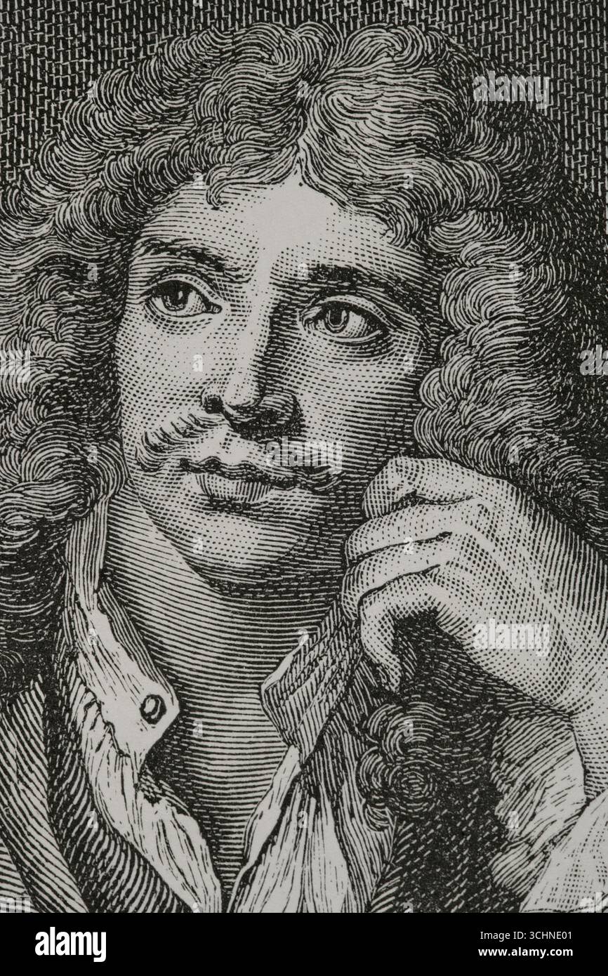Molière (Jean-Baptiste Poquelin) (1622-1673). Drammaturgo, attore e poeta francese. Verticale. Incisione di Huyot su un dipinto di Charles-Antoine Coypel (1694-1752), inciso da Lépicié. Dettagli. XVI siècle: lettres, Sciences et Arts, France 1590-1700 (XVII secolo: Lettere, scienze e arti), di Paul Lacroix. Pubblicato a Parigi da Librairie de Firmin-Didot et Cie, 1882. Foto Stock