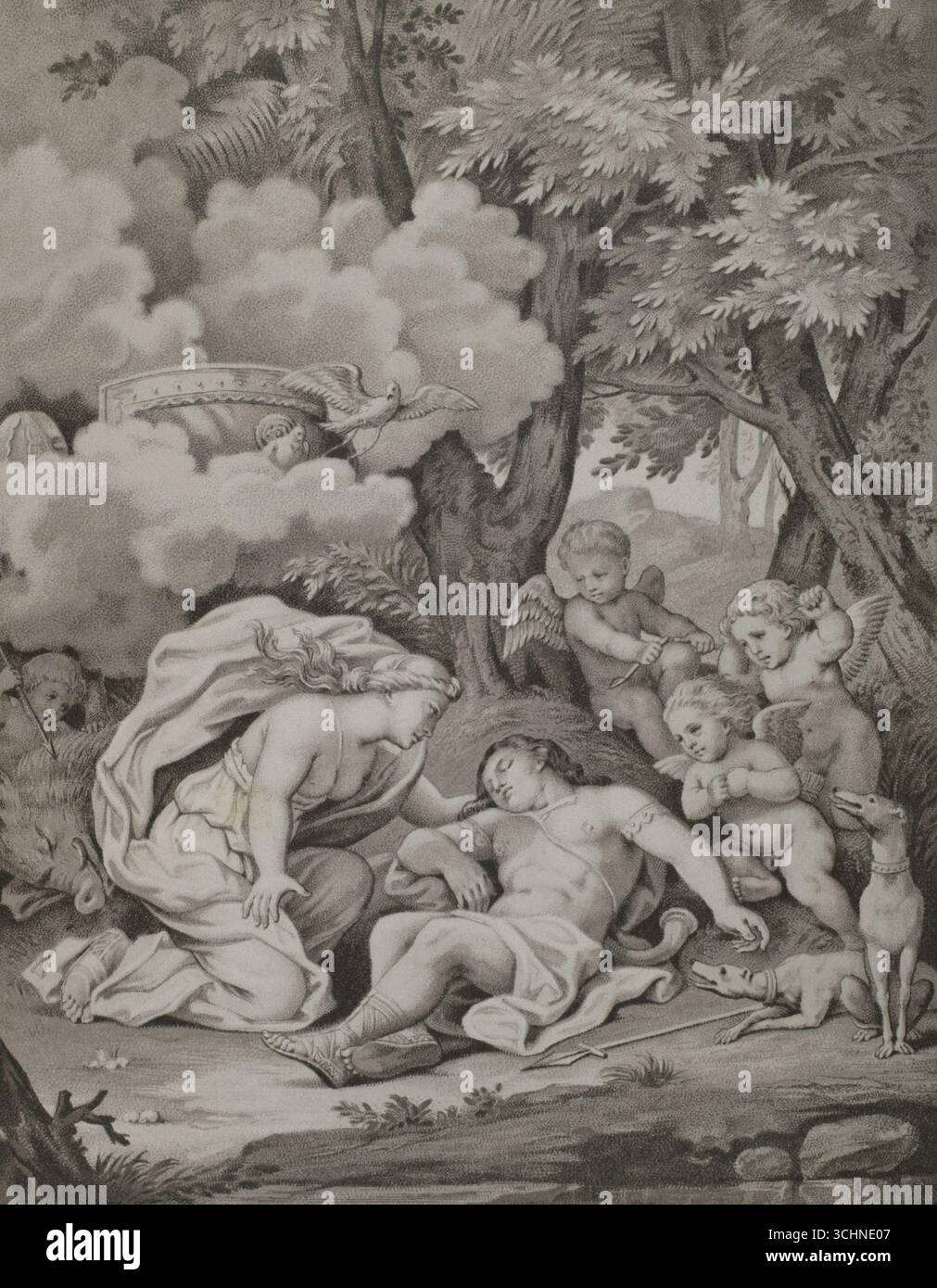 Adonis. Poema di Jean de la Fontaine (1621-1695) dedicato a Nicolas Fouquet e pubblicato nel 1658. Venere alla scoperta di Adone. Illustrazione di Francois Chauveau (1613-1676). Litografia di Nordmann. XVI siècle: lettres, Sciences et Arts, France 1590-1700 (XVII secolo: Lettere, scienze e arti), di Paul Lacroix. Pubblicato a Parigi da Librairie de Firmin-Didot et Cie, 1882. Foto Stock