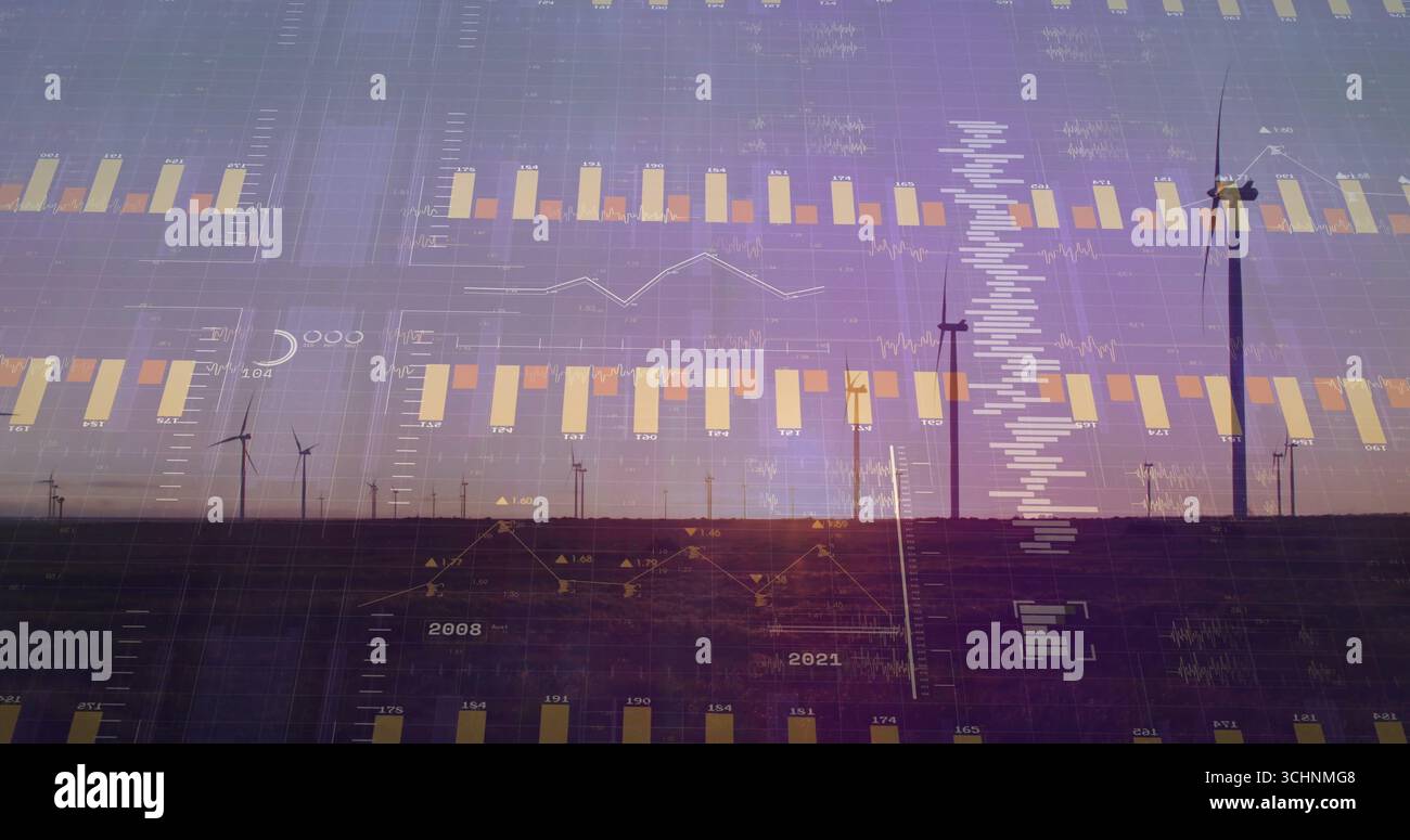 Mostra la turbina eolica che si innalza al tramonto sopra l'orizzonte rurale, con grafici a barre e a linee, copia dello spazio Foto Stock