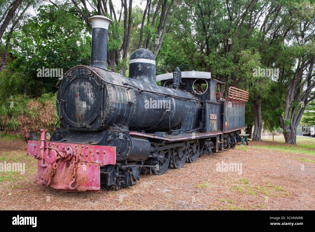 Una storica locomotiva a vapore che è una mostra pubblica nel centro di Pemberton, Australia Occidentale Foto Stock