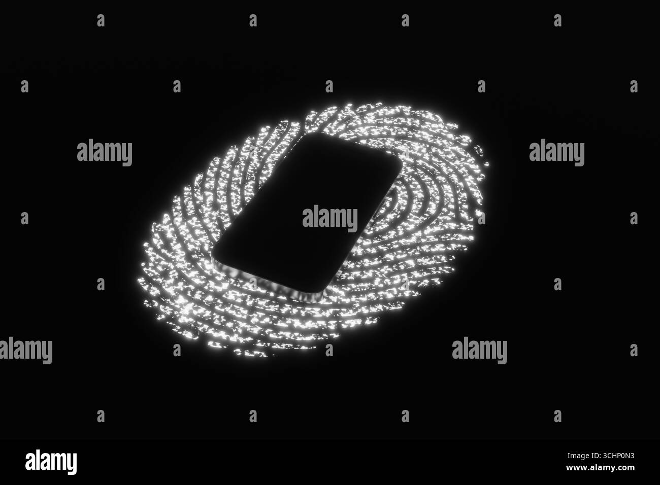 Silhouette di un telefono cellulare su un'impronta bianca brillante su uno sfondo nero. Sicurezza online, privacy personale e autenticazione dell'account Foto Stock