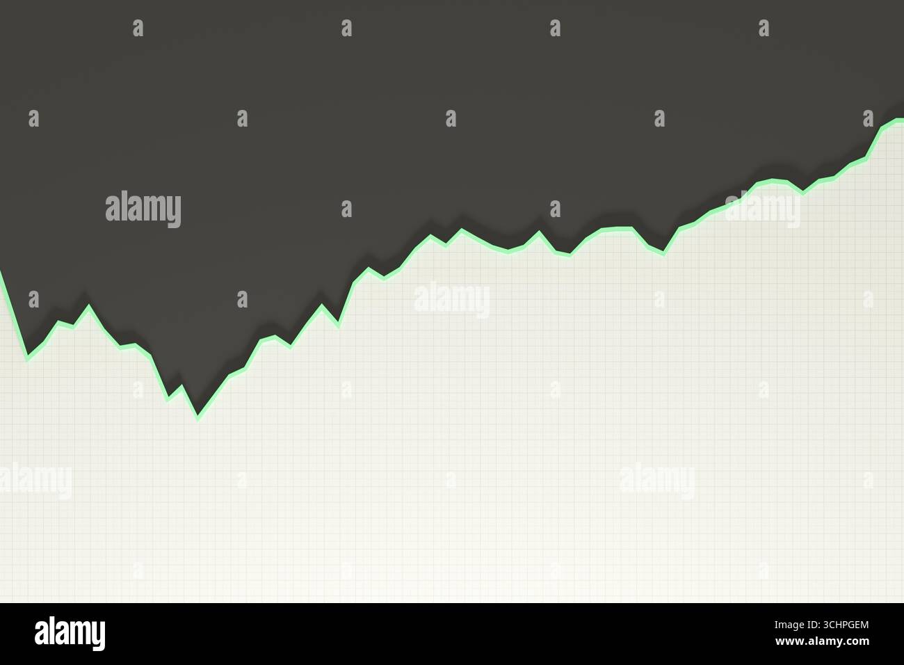 Grafico area 3D con riempimento nero e bordo verde su una griglia bianca. Il grafico rappresenta una tendenza costante verso l'alto, ideale per temi finanziari o aziendali. Foto Stock