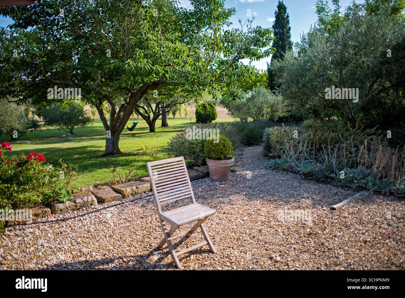 Giardino a Saint Martin De Crau Provence Francia // SAINT-MARTIN-DE-CRAU, Francia — Un giardino in una villa del XVII secolo in Provenza presenta una sedia in legno su un sentiero di ghiaia che conduce attraverso una vegetazione lussureggiante. Il giardino ben curato comprende alberi maturi, cespugli di lavanda e piante fiorite, con un prato e più alberi visibili sullo sfondo. Questo ambiente pittoresco è caratteristico del paesaggio provenzale, noto per la sua bellezza naturale e le sue proprietà storiche. La villa, situata nella regione Provence les Alpilles, incarna gli stili architettonici e orticoli della sua epoca. Foto Stock