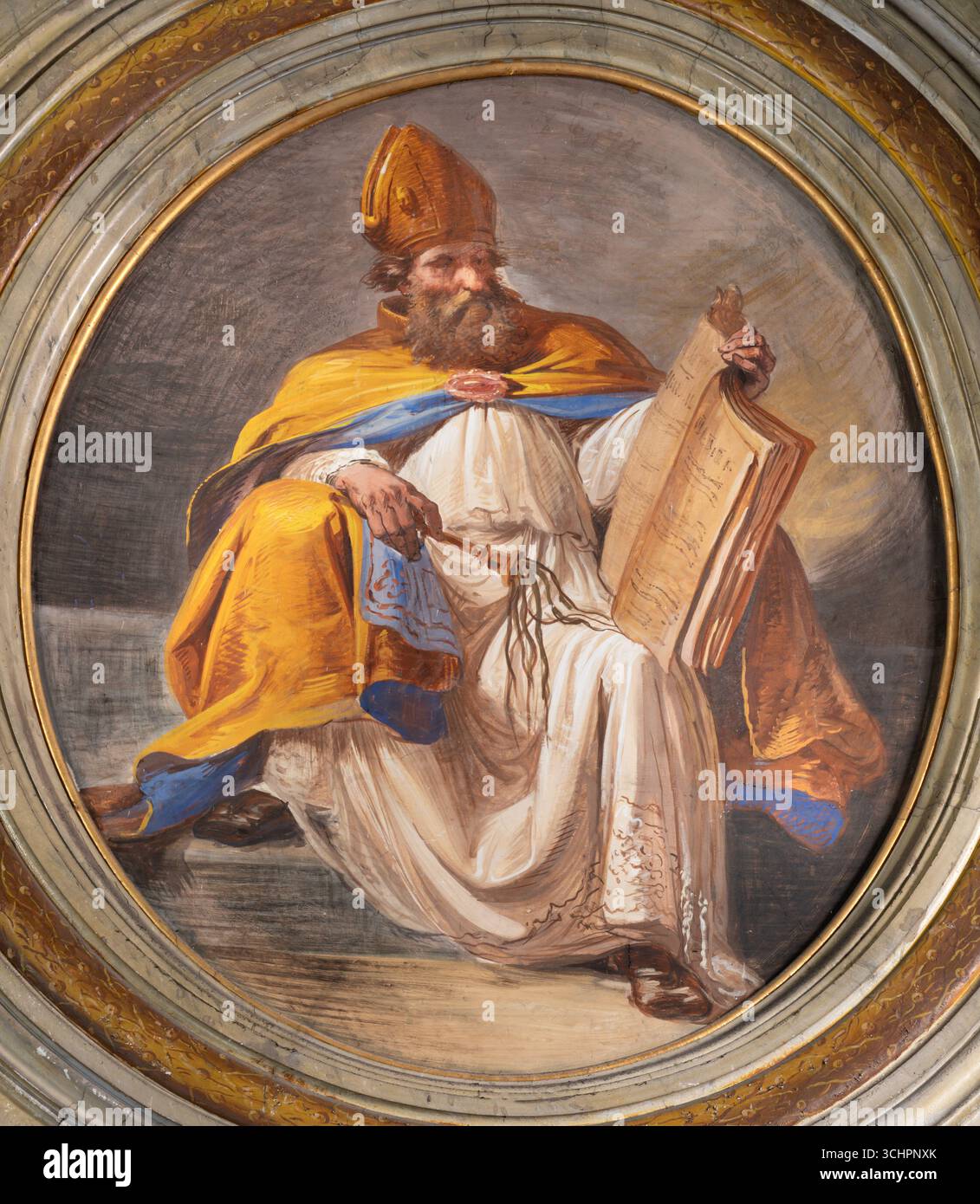 ROMA, ITALIA - 29 AGOSTO 2021: L'affresco di Sant'Ambrogio sul soffitto nella chiesa di san Giuseppe alla Lungara di Vincenzo Paliotti (1859) Foto Stock
