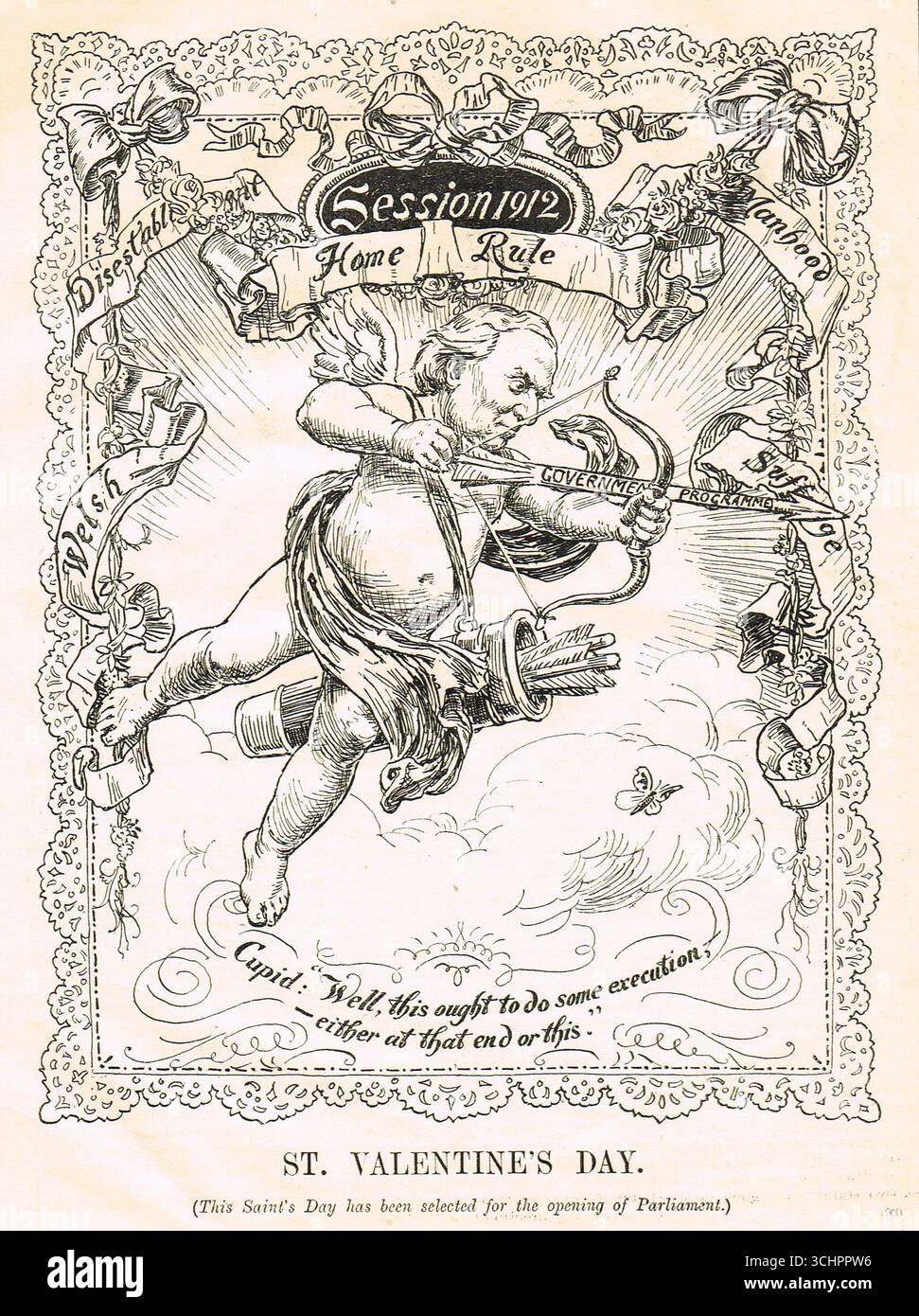 Punch cartoon del 1912 che ritrae PM Asquith come Cupido. Il giorno del santo era stato scelto per l'apertura del Parlamento. Sta sparando una freccia chiamata programma governativo ed è circondato dalle questioni della sessione del 1912: Disinsediamento gallese, Home Rule e suffragio universale. Foto Stock