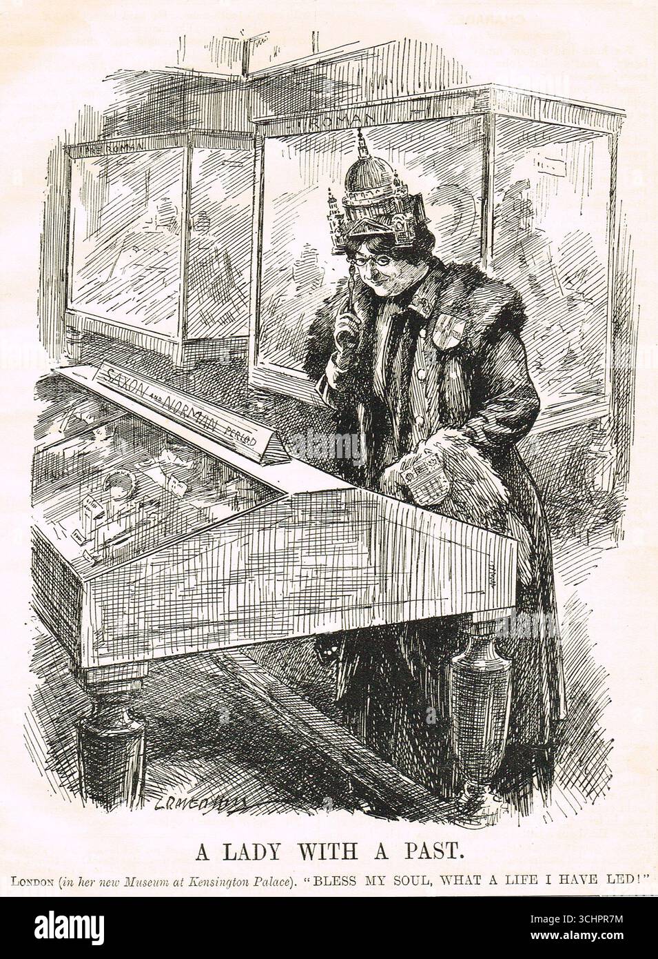 Punch cartone animato del 1912 intitolato "Una signora con un passato" che ritrae l'apertura del London Museum situato a Kensington Palace (1912-1976). Londra è ritratta come una donna che guarda i suoi periodi romano, pre-romano, sassone e normanno Foto Stock
