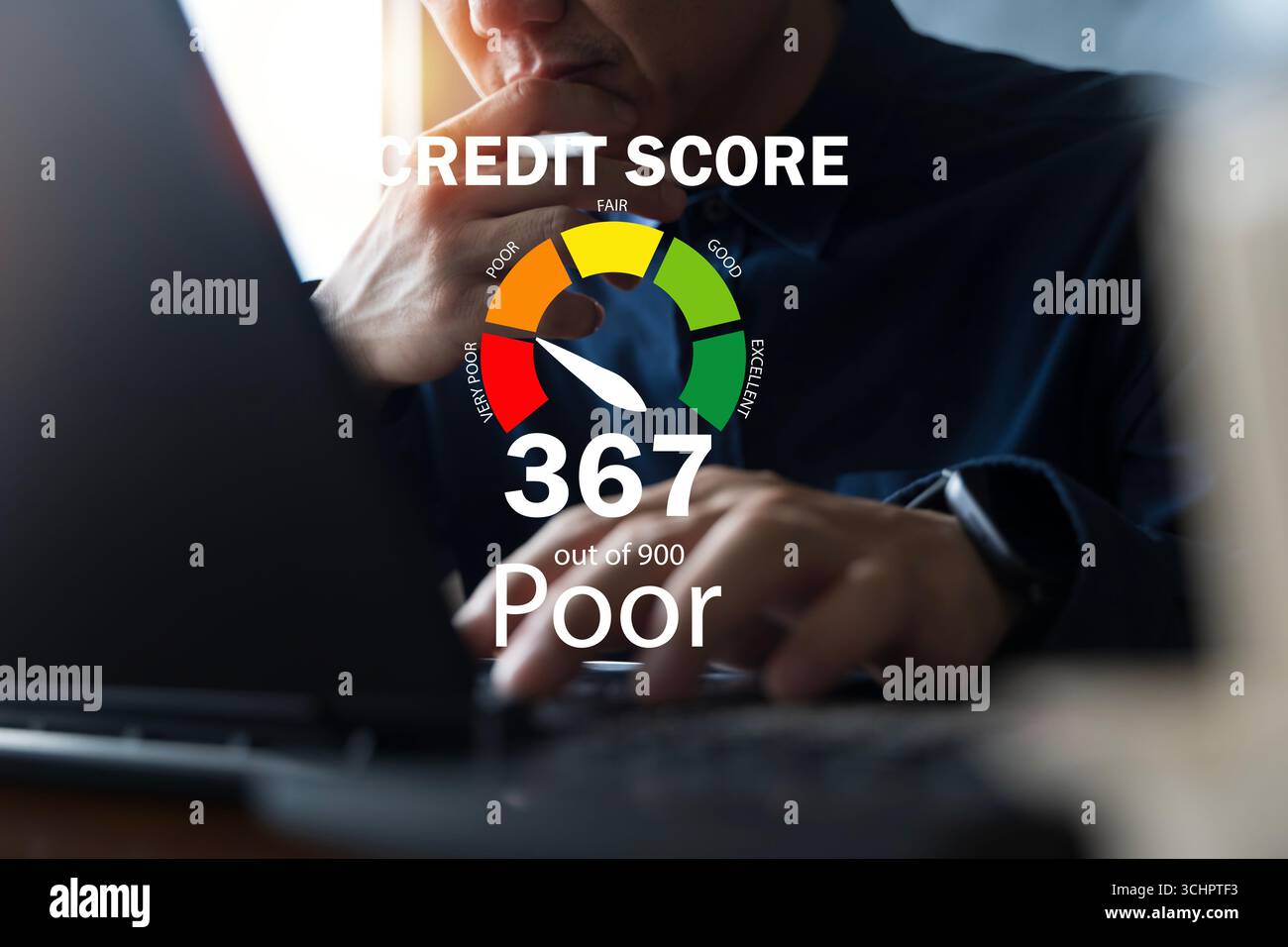 Concetto di rating del credito basso che mostra l'analisi del rischio finanziario, la valutazione personale dei prestiti, il report del credito e la valutazione bancaria per la pianificazione finanziaria Foto Stock