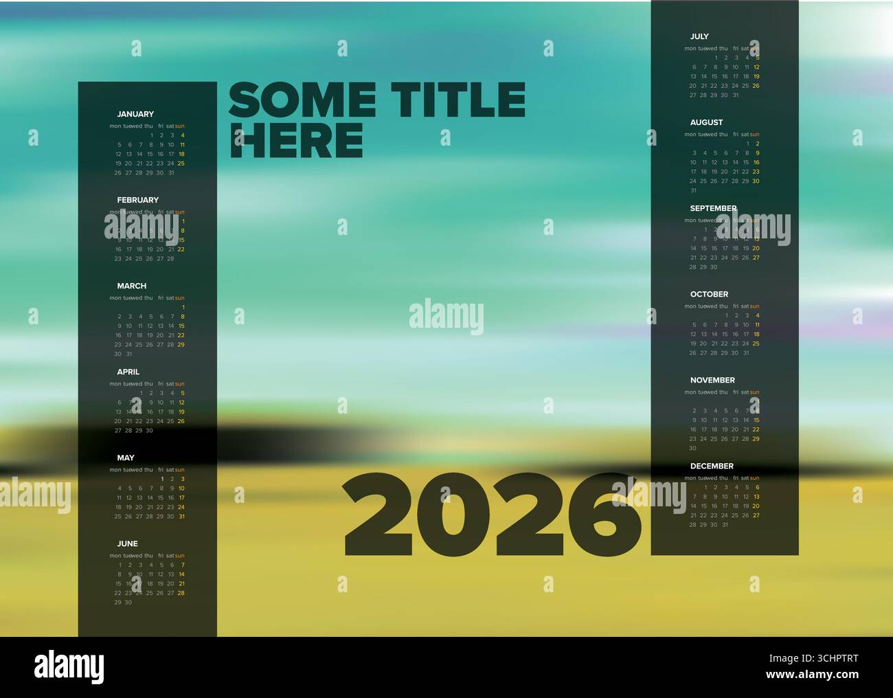 Un modello di calendario orizzontale 2026 con tutti i mesi dell'anno 2026 in due colonne scure davanti al segnaposto della foto. Basta sostituire t Illustrazione Vettoriale