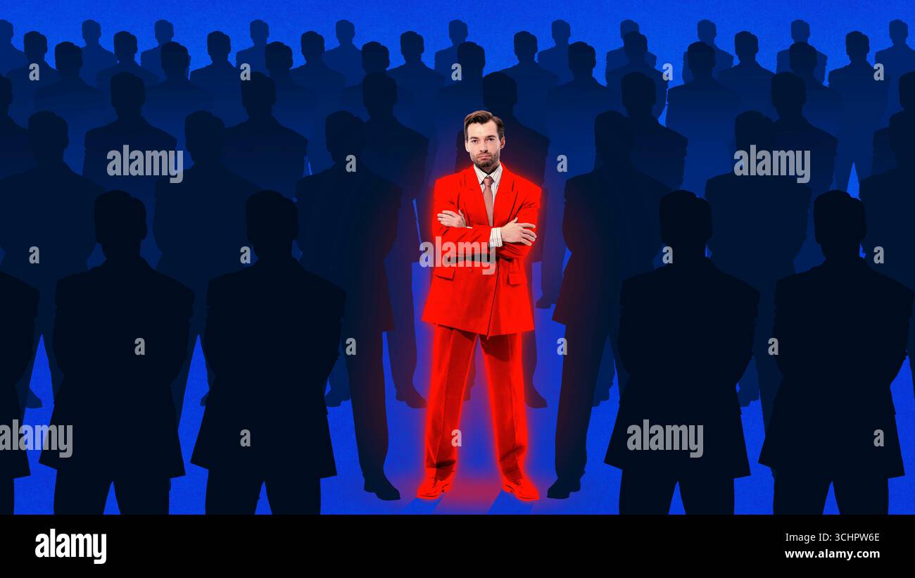 Grafica digitale creativa. Vestito in rosso che spicca tra silhouette identiche Foto Stock