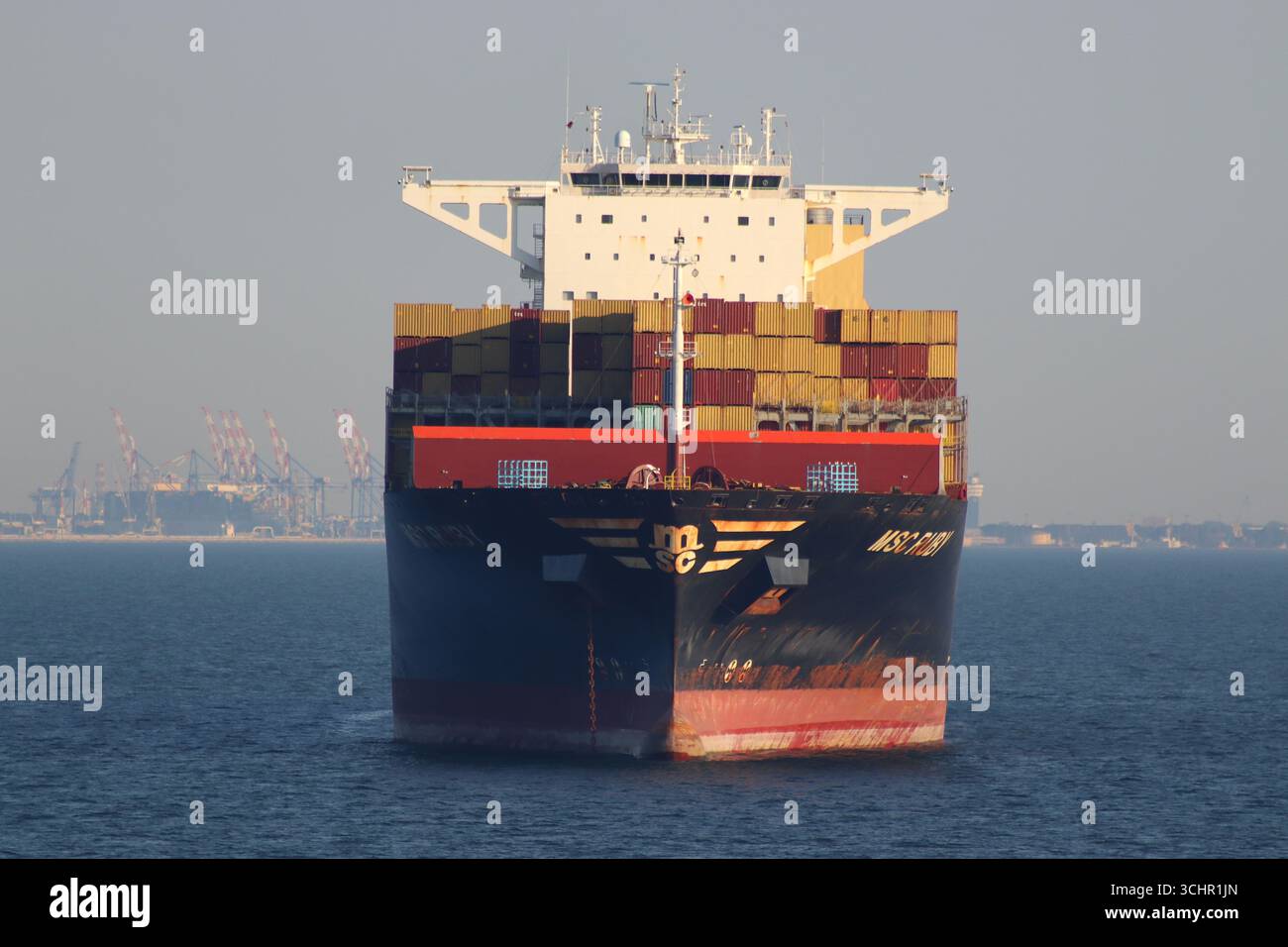 Testa a colpo sulla nave container MSC Ruby da 141 tonnellate all'ancora, in attesa di attraccare al porto polacco di Gdynia, luglio 2025. Foto Stock