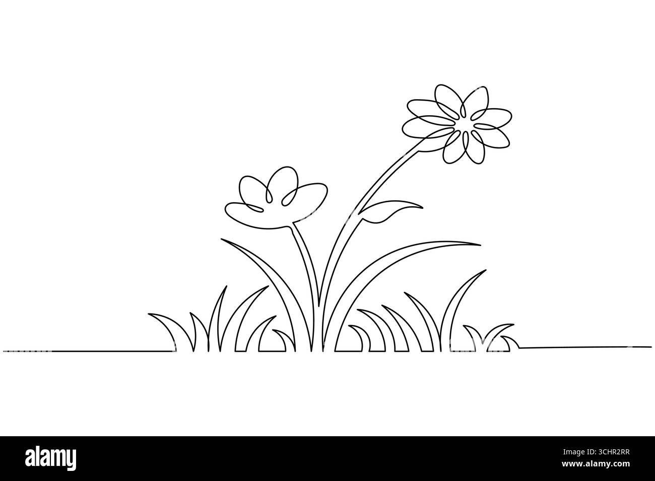 Erba e fiori continuano su una linea disegnando un'illustrazione vettoriale minimalista Illustrazione Vettoriale