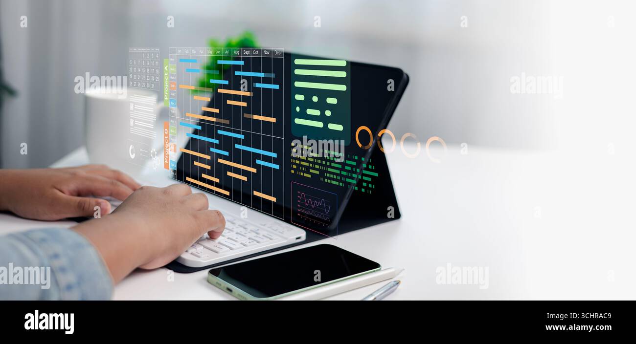 Dashboard digitale per la gestione dei progetti con grafico Gantt, cronologia e analisi dei dati aziendali su tablet per produttività, lavoro di squadra e flusso di lavoro moderno Foto Stock