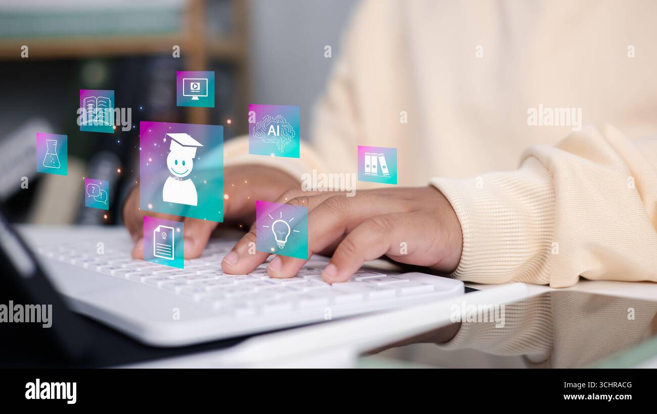 Tecnologia per l'istruzione moderna con icone dell'intelligenza artificiale, apprendimento online, innovazione dell'e-learning e studenti che utilizzano il computer per lo studio digitale e la crescita della conoscenza. Foto Stock