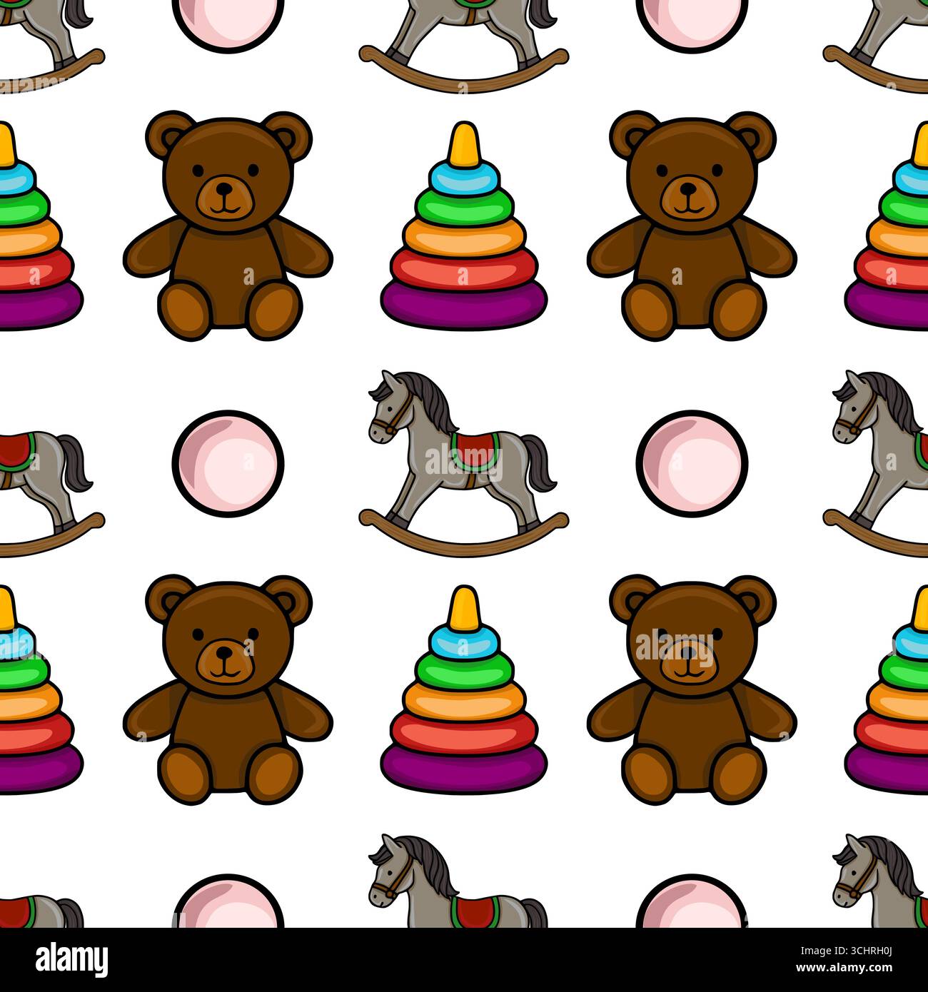 Motivo vettoriale senza cuciture con incantevoli orsacchiotti cartoni animati, cavalli a dondolo, anelli impilabili e palle rosa, creando un design divertente e colorato Illustrazione Vettoriale