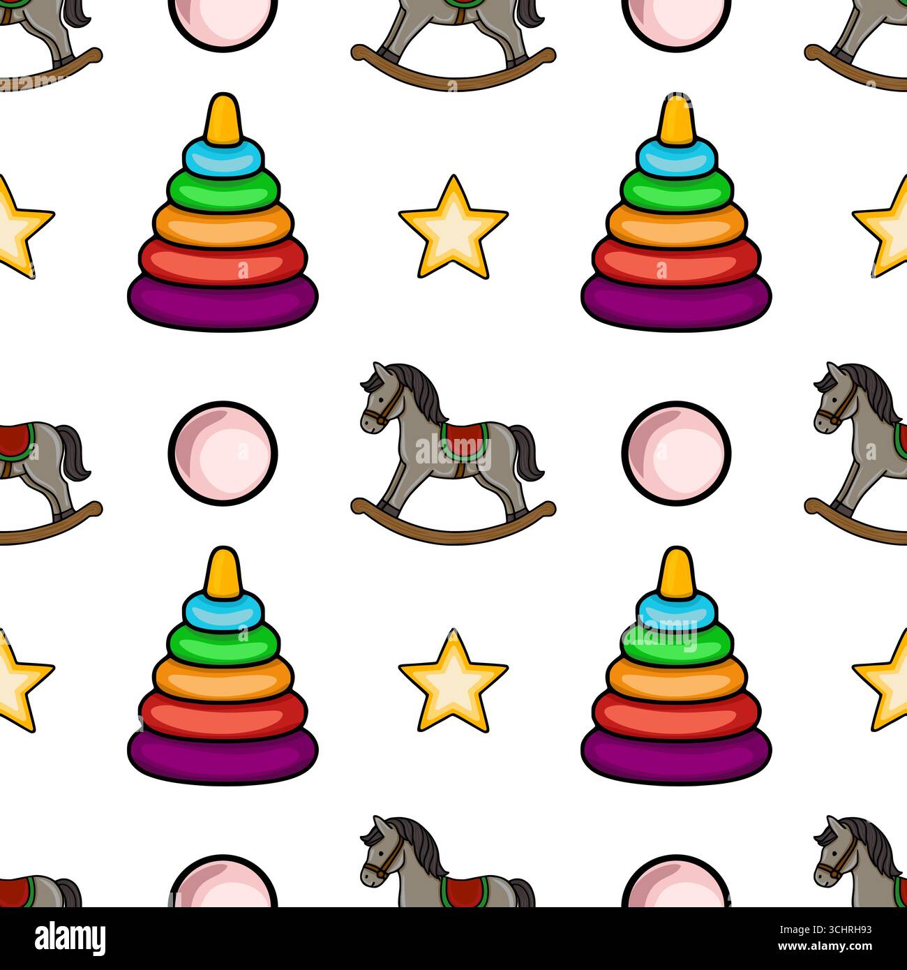 Motivo vettoriale senza cuciture con affascinanti illustrazioni cartoni animati di un cavallo a dondolo, anelli impilabili e una stella, creando un design divertente e colorato Illustrazione Vettoriale