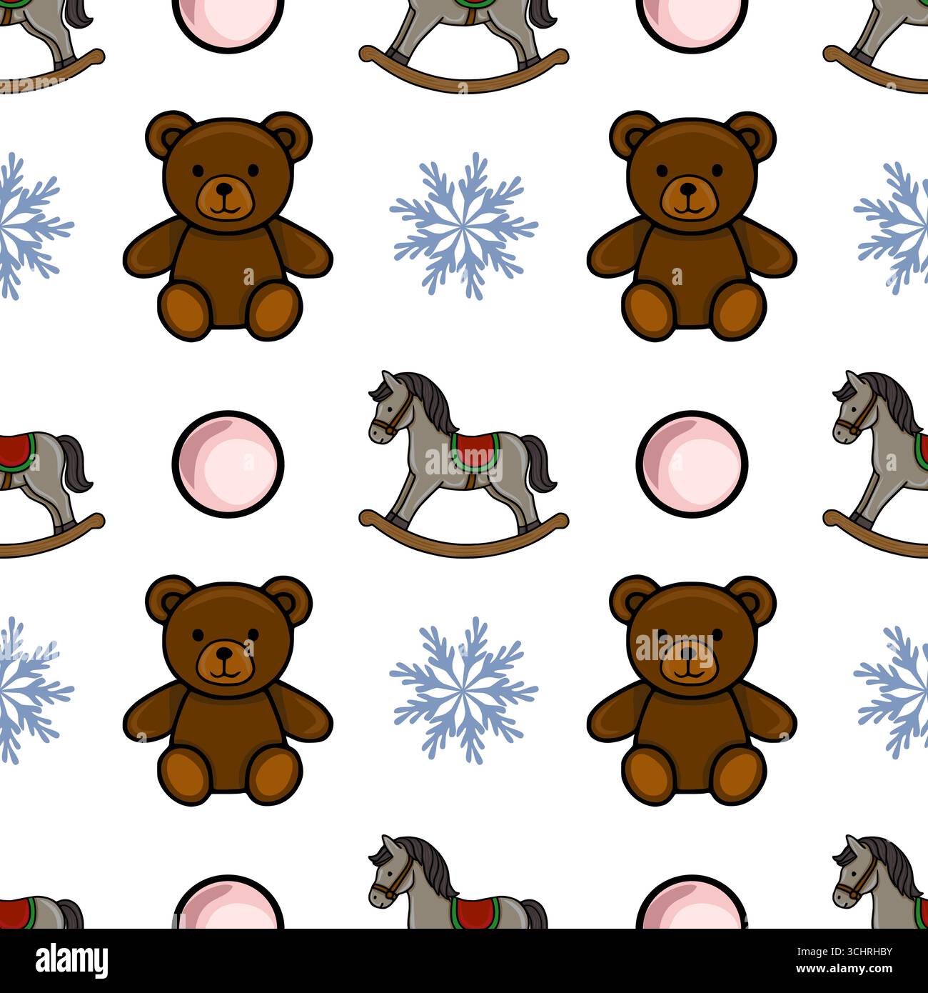 Motivo vettoriale senza cuciture con affascinanti illustrazioni di orsi peluche, cavalli a dondolo, fiocchi di neve e cerchi pastello, creando un'atmosfera stravagante e vivace Illustrazione Vettoriale