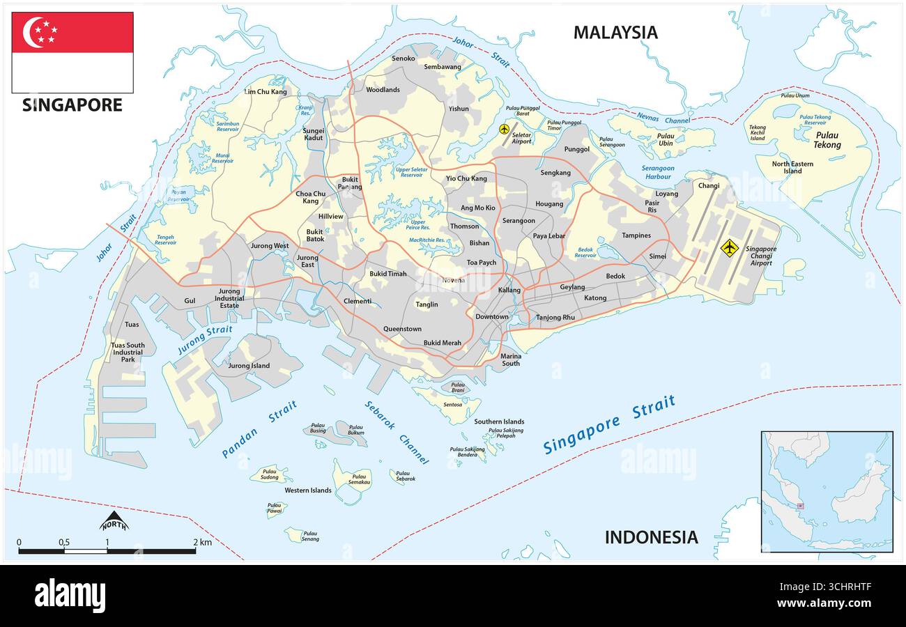 Mappa di Singapore, stato dell'isola e città-stato nel sud-est asiatico Foto Stock