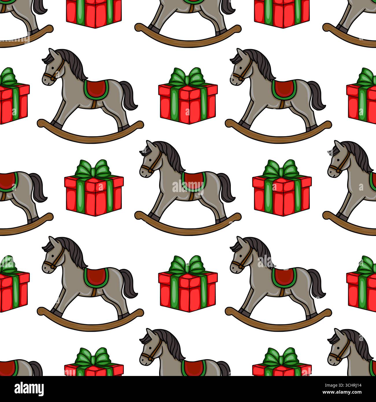 Motivo vettoriale senza cuciture con affascinanti cavalli a dondolo grigi e confezioni regalo rosse con nastri verdi, per un Natale divertente e festoso Illustrazione Vettoriale