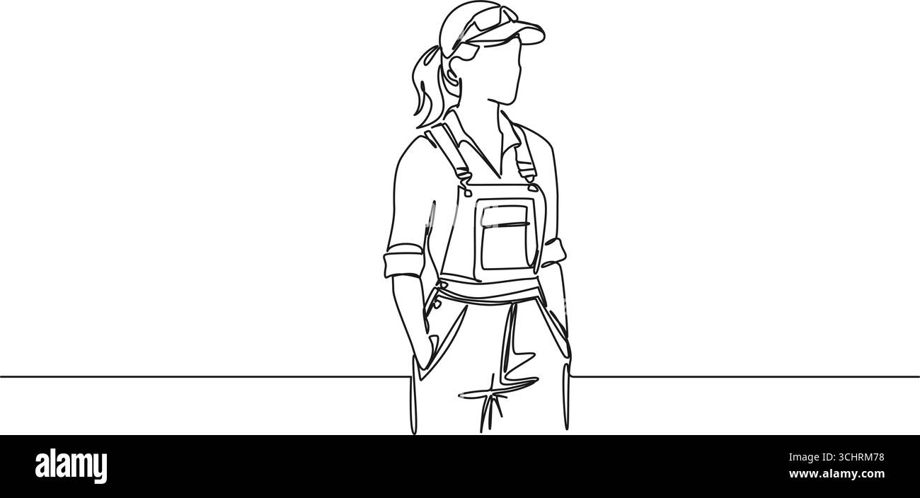 disegno continuo a linea singola di un tecnico o meccanico donna, mani in tasca, illustrazione vettoriale line art Illustrazione Vettoriale