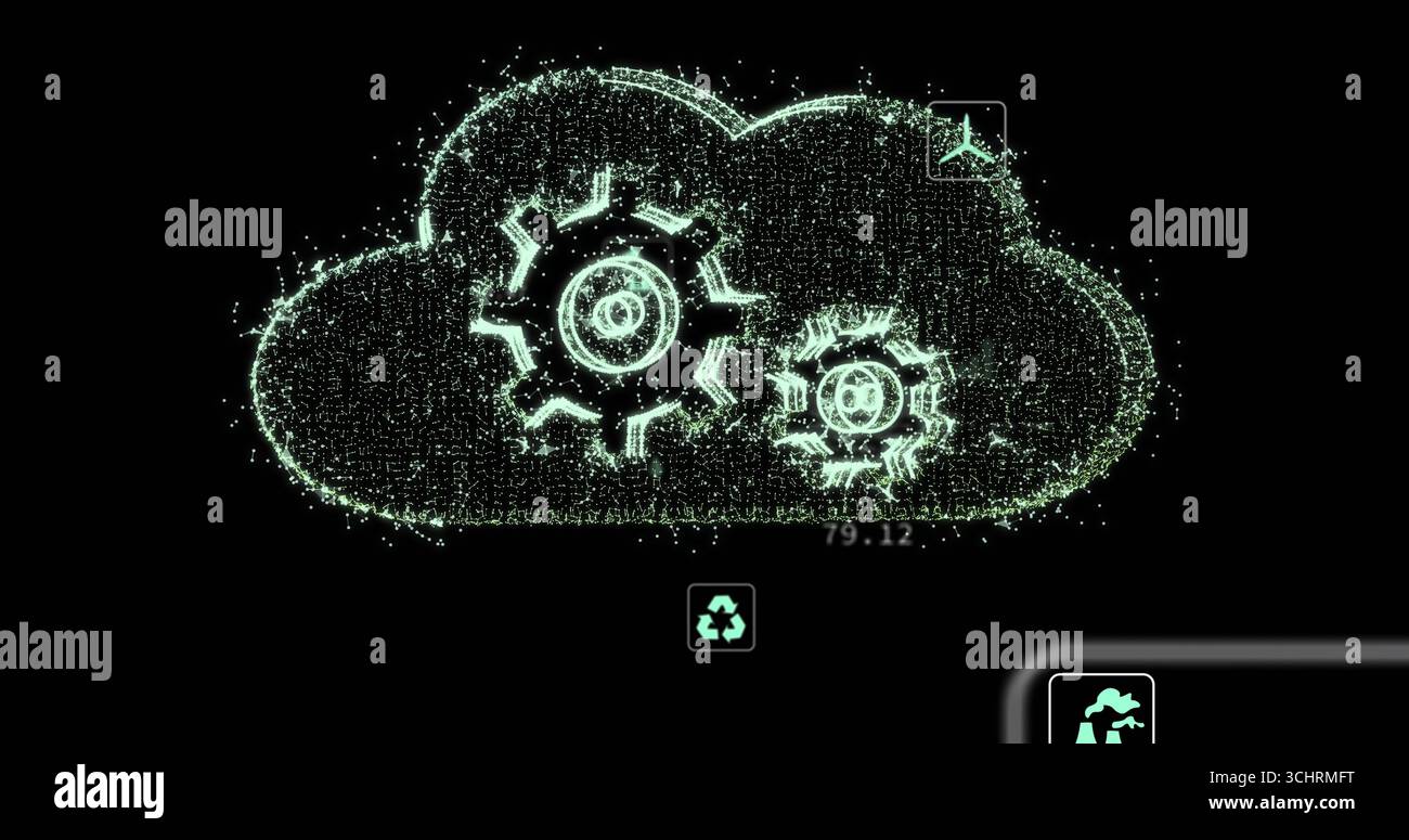 Nuvola luminosa che visualizza due icone degli ingranaggi sull'interfaccia scura, con icone di riciclo, aereo e fabbrica Foto Stock