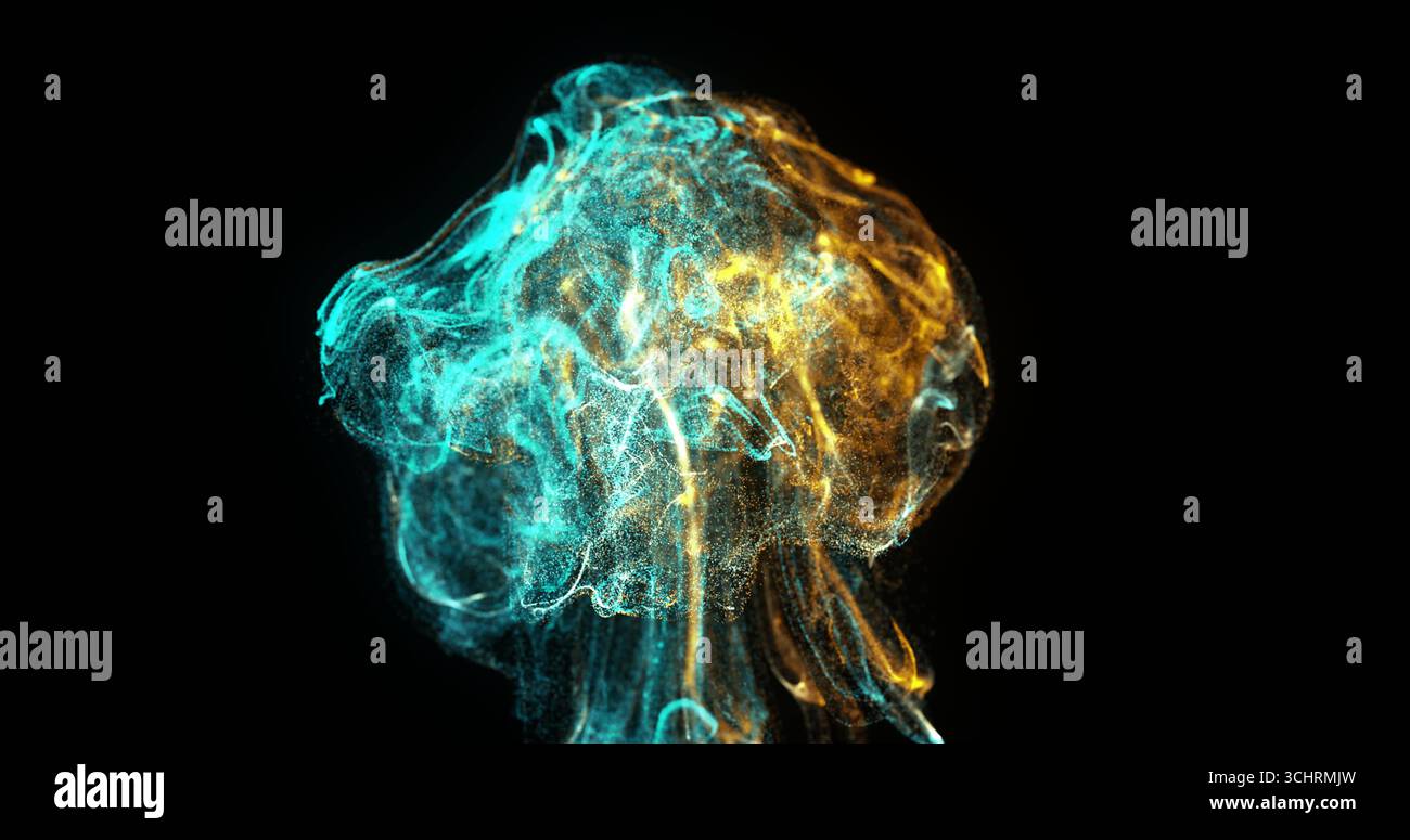 Particelle che si illuminano a vortice formando una forma frattale in un vuoto digitale scuro, con colori verde acqua e oro Foto Stock