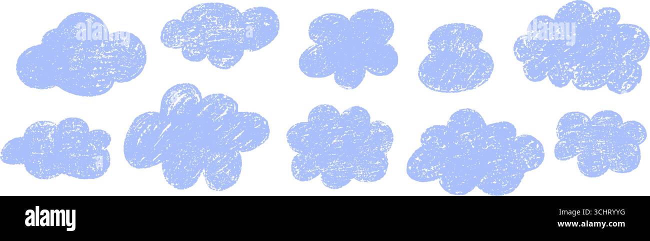 Grazioso set di doodle nuvole di gesso pastello. Simboli del cielo dei cartoni animati disegnati a mano dai bambini con soffici nuvole. Elementi meteorologici dello schizzo del pastello isolati su Illustrazione Vettoriale