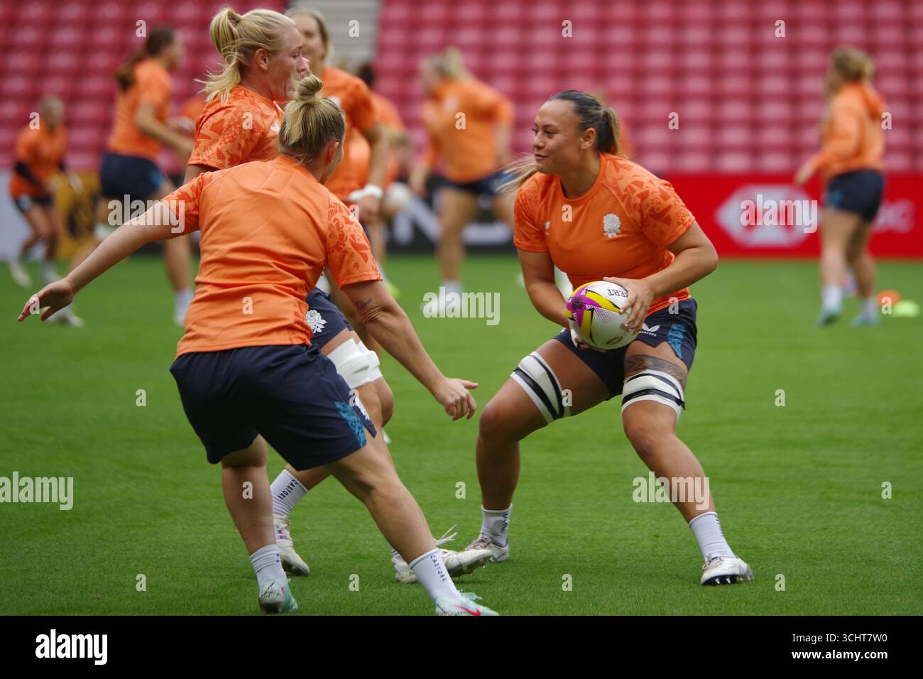 Sunderland, Inghilterra, 21 agosto 2025. Le giocatrici di rugby dell'Inghilterra durante la Captain's Run allo Stadium of Light. Credito: Colin Edwards Foto Stock
