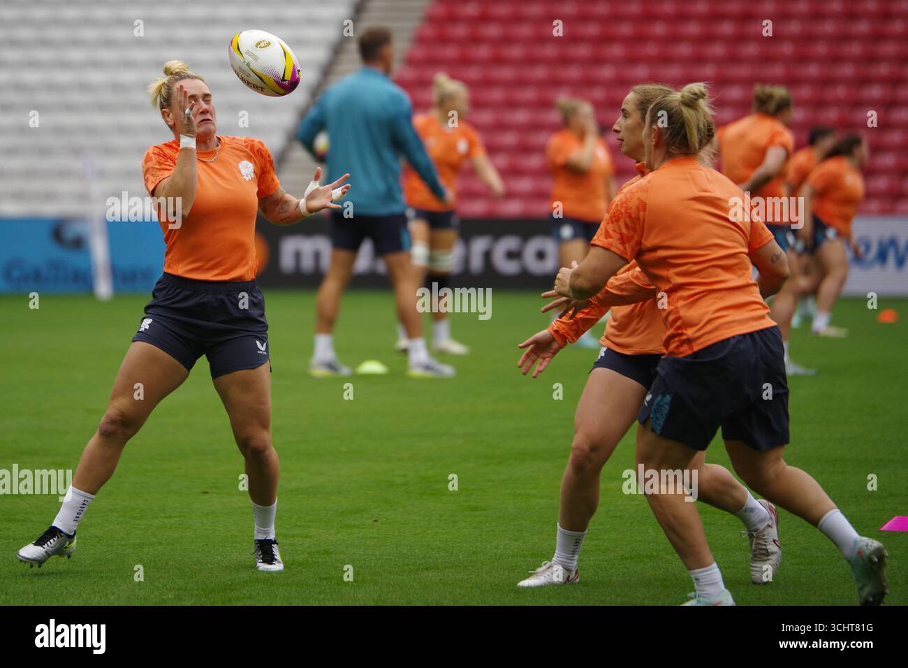 Sunderland, Inghilterra, 21 agosto 2025. Le giocatrici di rugby dell'Inghilterra durante la Captain's Run allo Stadium of Light. Credito: Colin Edwards Foto Stock