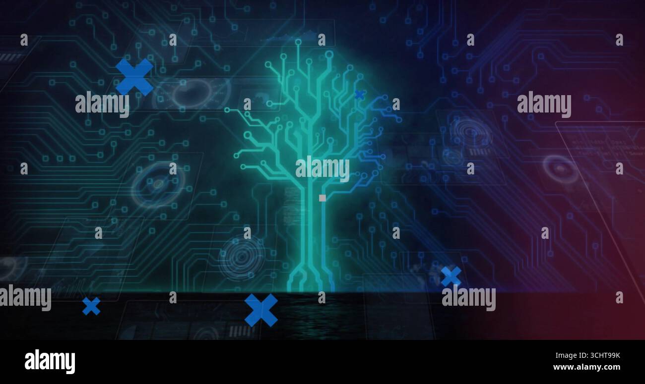 Albero dei circuiti verde neon luminoso che si innalza dalla base dello specchio, mostrando le tracce della scheda dei circuiti, X blu Foto Stock