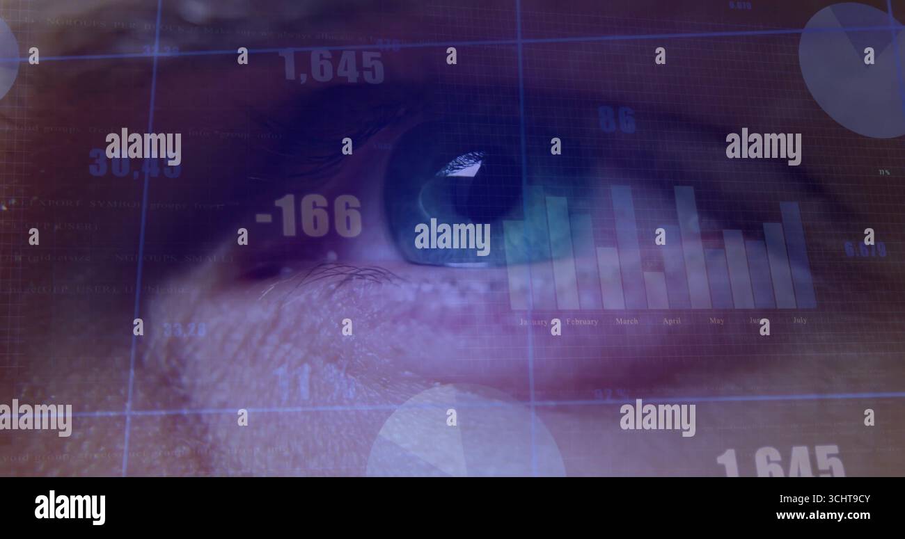 Occhio sovrapposto all'interfaccia dark tech, con istogramma digitale, segmenti di grafico a torta e HUD numerico Foto Stock