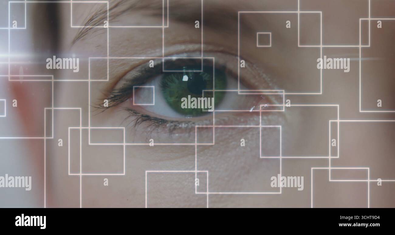 Visualizzazione dell'occhio verde della donna sull'interfaccia digitale in studio, con sovrapposizioni semitrasparenti Foto Stock