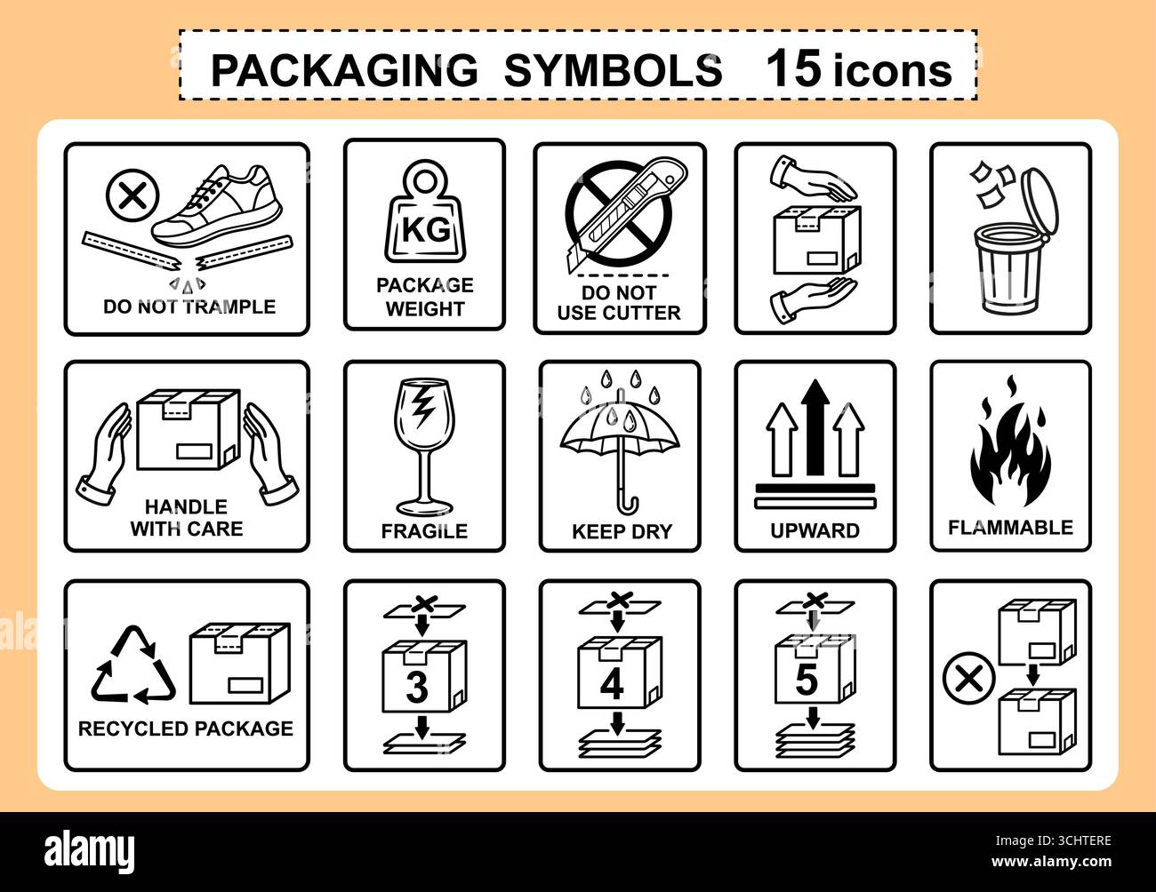 Simbolo di imballaggio della scatola di cartone, etichetta di consegna della confezione fragile. Trasporto logistico di sicurezza del carico. Maneggiare con cura. Pacchetto impilabile per vettore di stoccaggio Illustrazione Vettoriale