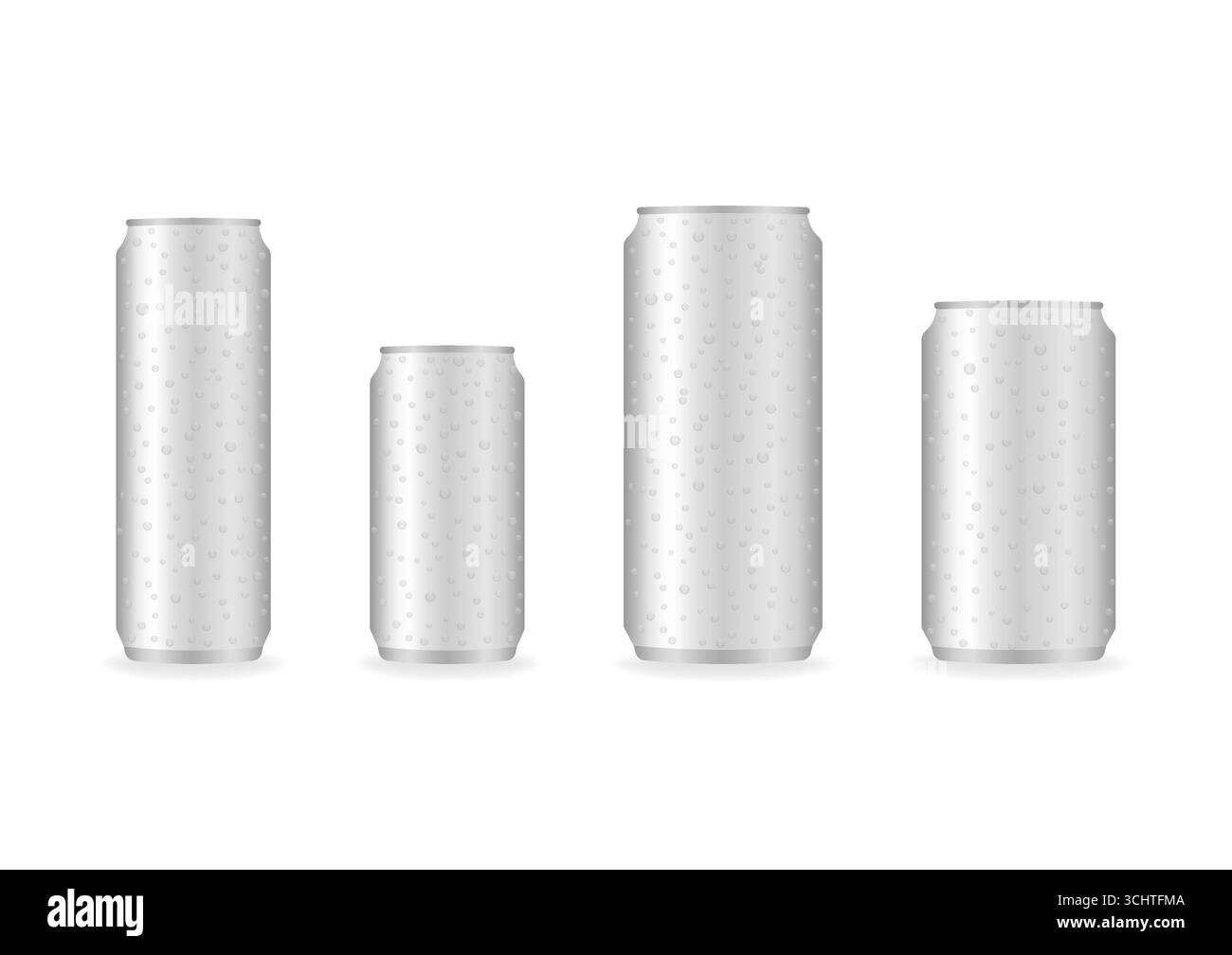 Lattine in alluminio con gocce d'acqua. Illustrazione vettoriale isolata su sfondo bianco. Illustrazione Vettoriale