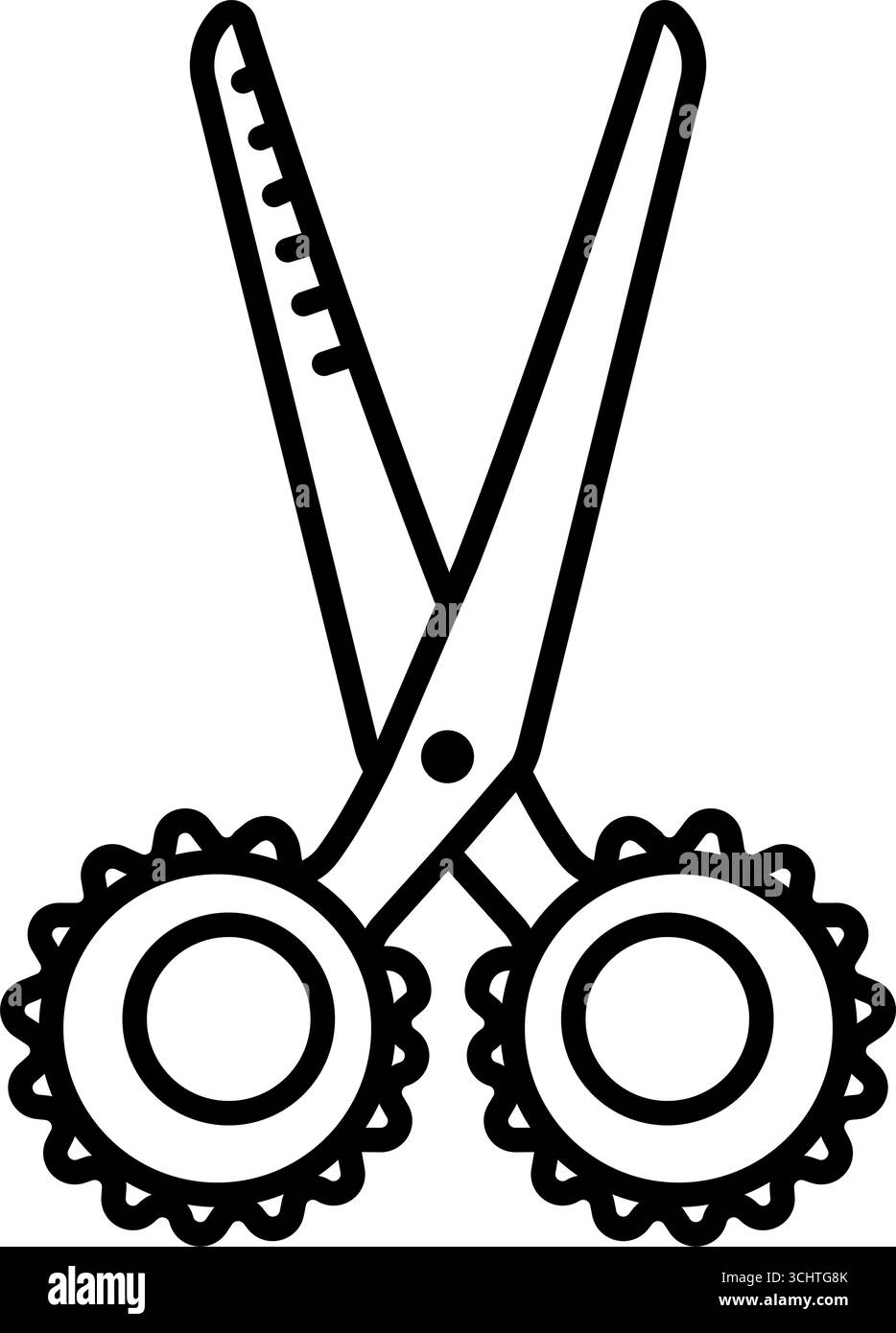 Forbici decorative ornate per lacework, elegante icona con linea nera con tratto modificabile. Icona delle cesoie in filigrana monocromatica vettoriale per la moda e il prodotto da cucire Illustrazione Vettoriale