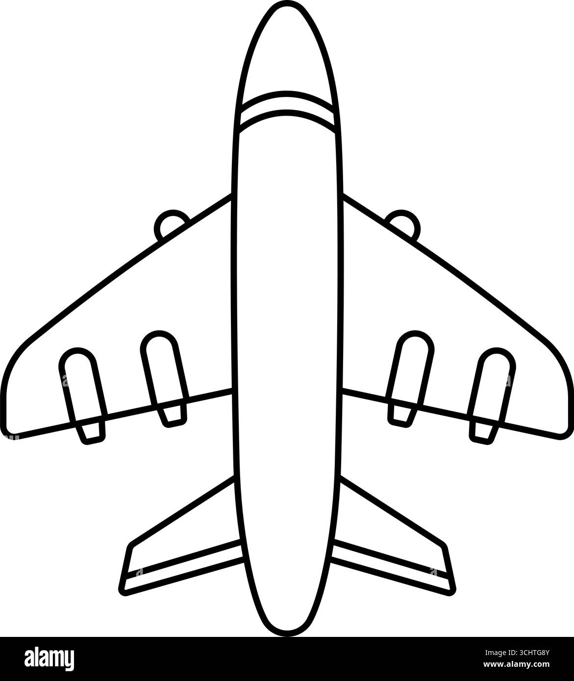 Icona dell'aereo, vista dal basso. Segno della linea nera vettoriale. Simbolo del piano di contorno monocromatico. Pittogramma di un singolo aeromobile, colpo jet modificabile con motori Illustrazione Vettoriale