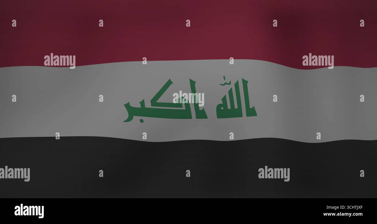 Bandiera irachena sventolante che mostra tre bande rosse bianche nere sullo sfondo con iscrizione araba verde Foto Stock