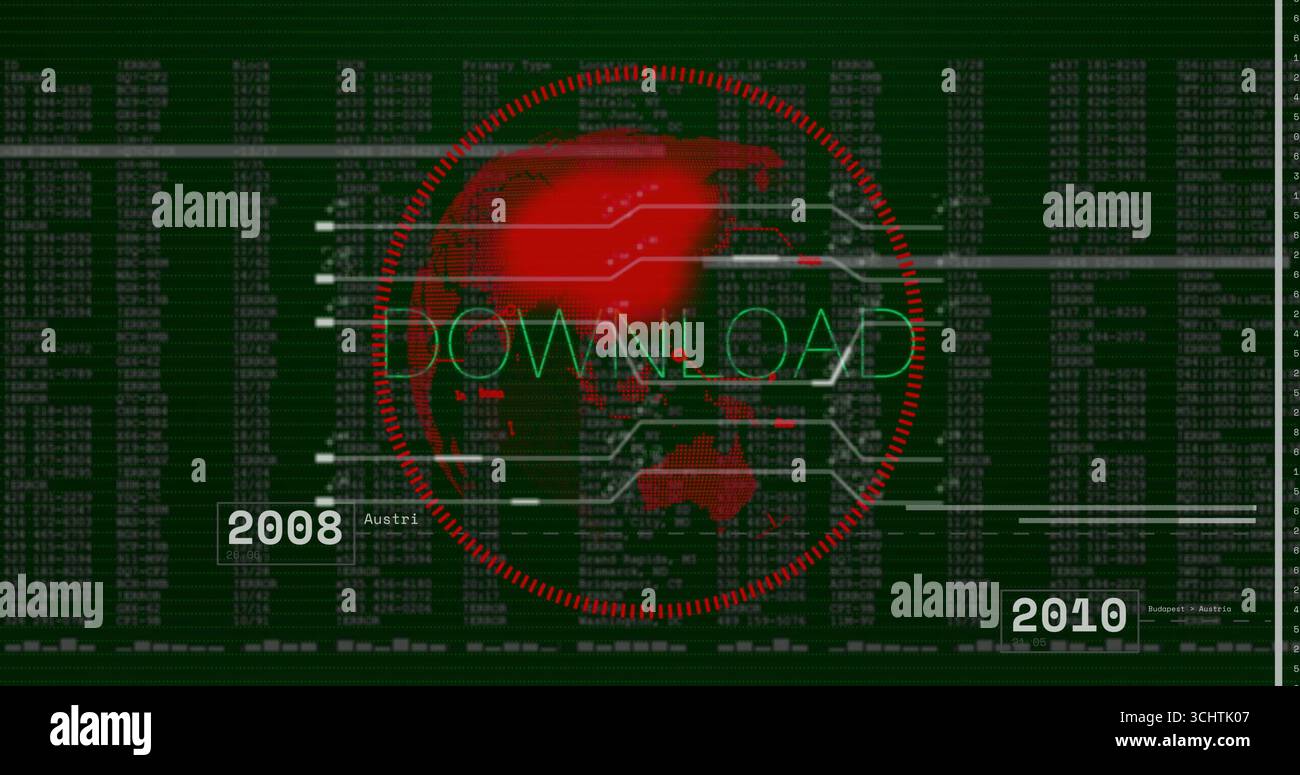 Schermata che visualizza il testo DI DOWNLOAD della mappa mondiale della griglia rossa, le linee orizzontali, le etichette della matrice di codice 2008 2010 Foto Stock