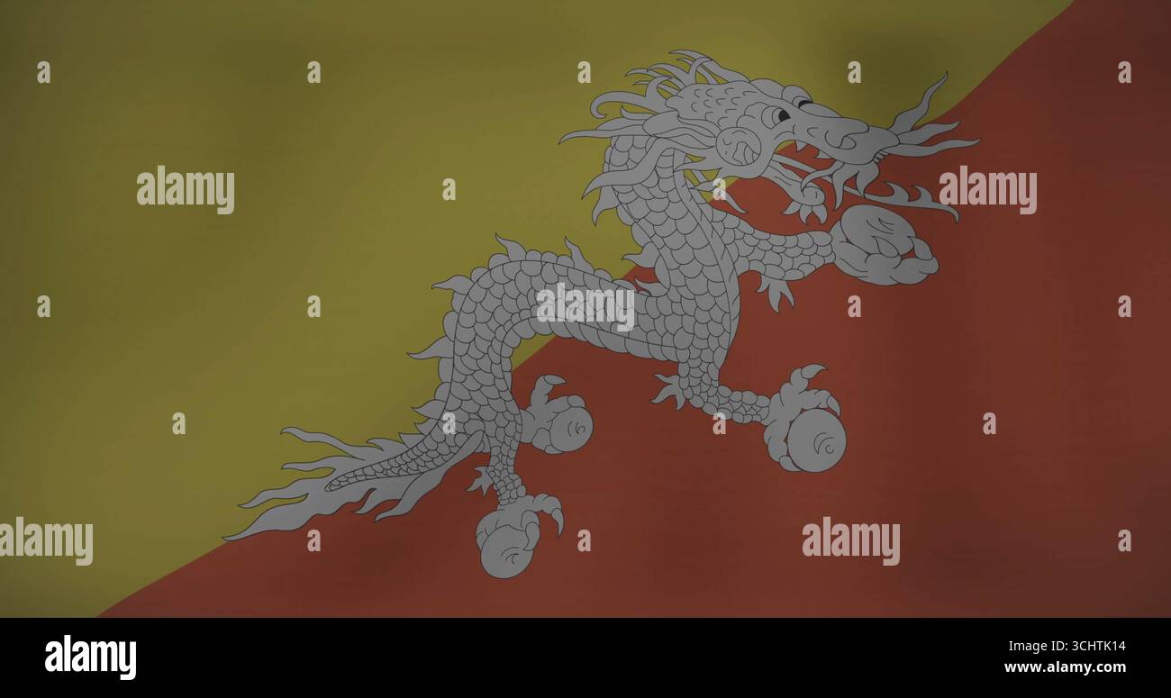 Mostra l'emblema del drago bianco che stringe gioielli sul campo della bandiera divisa giallo e arancione-rosso Foto Stock