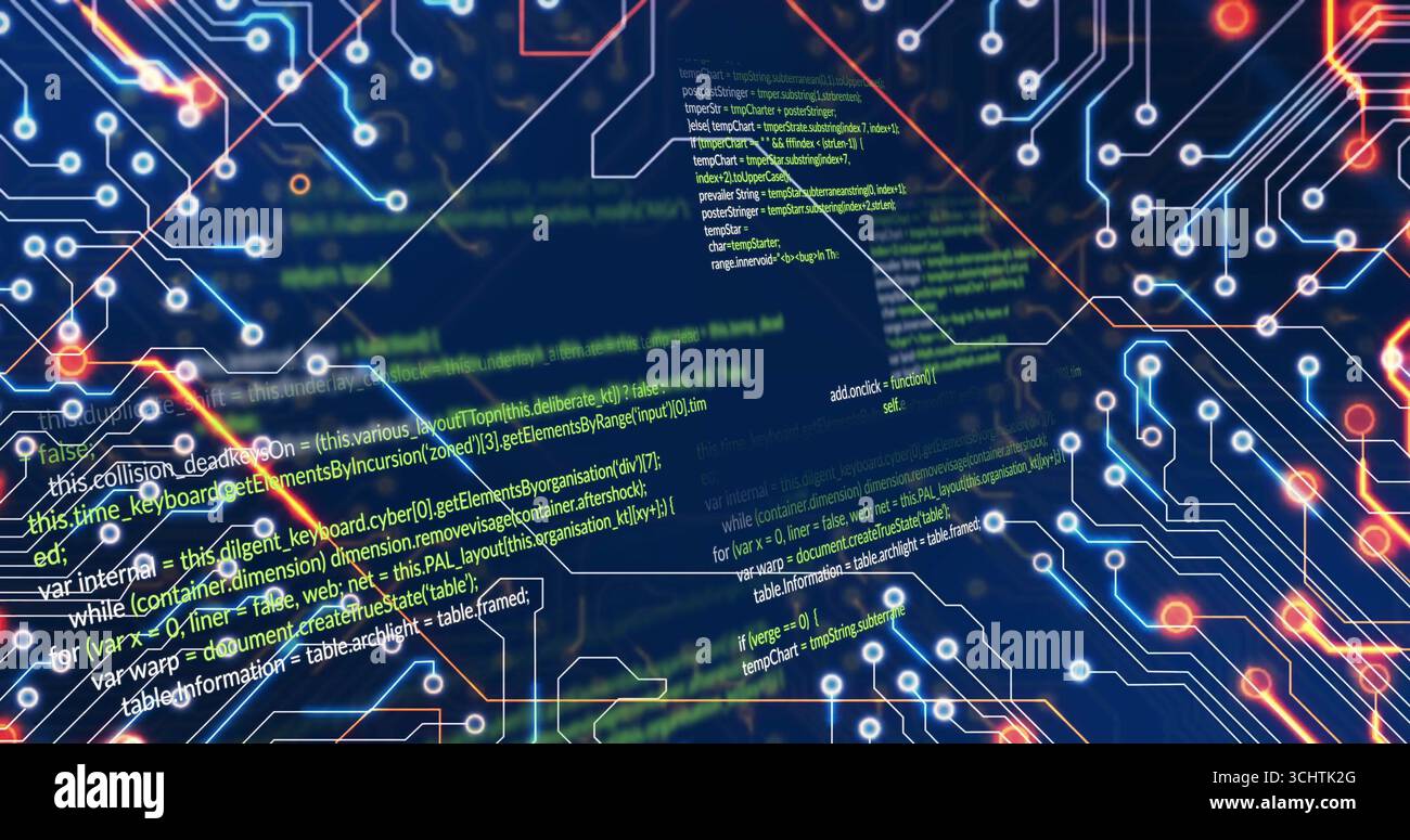 Schema luminoso della scheda a circuiti stampati al neon che si sovrappone all'interfaccia di codice, con codice programma e nodi luminosi Foto Stock
