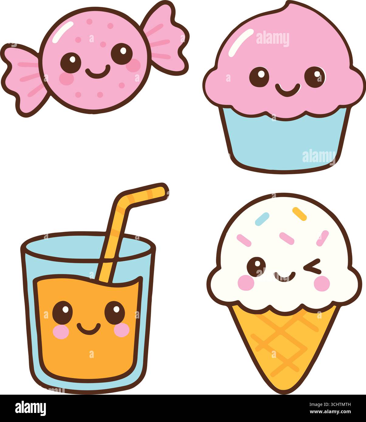 Simpatico set di illustrazioni a cartoni animati con caramelle sorridenti, cupcake, bicchiere da succo e cono per gelato: Icone vettoriali in stile kawaii per bambini, dessert, adesivi, A. Illustrazione Vettoriale