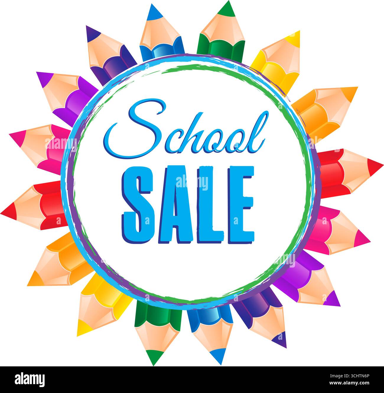 Banner di vendita Vector Back to School, sfondo del poster. Schizzo disegnato a mano, matite colorate. Layout per etichette di sconto, volantini e acquisti. Illustrazione Vettoriale