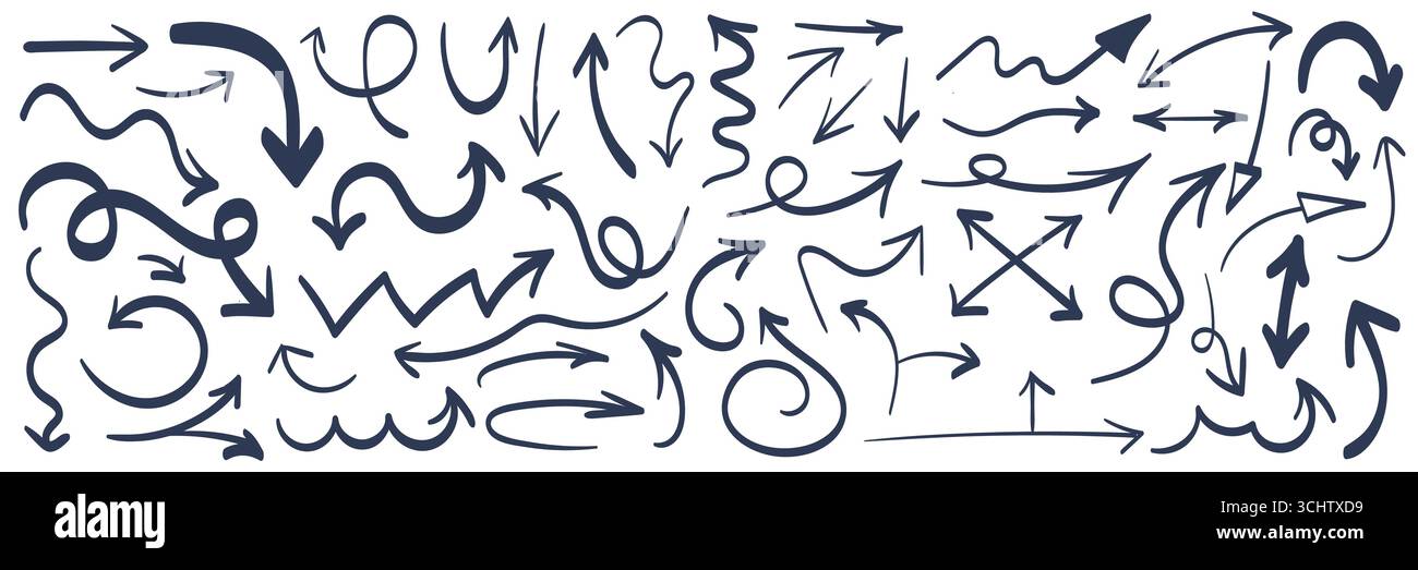Set di icone a forma di linea disegnate a mano con frecce di diverse forme. Pennello per pittura freestyle nero monocromatico o simboli ondulati, molti puntatori verso l'alto e verso il basso, frecce di virata e a spirale, illustrazione vettoriale Illustrazione Vettoriale