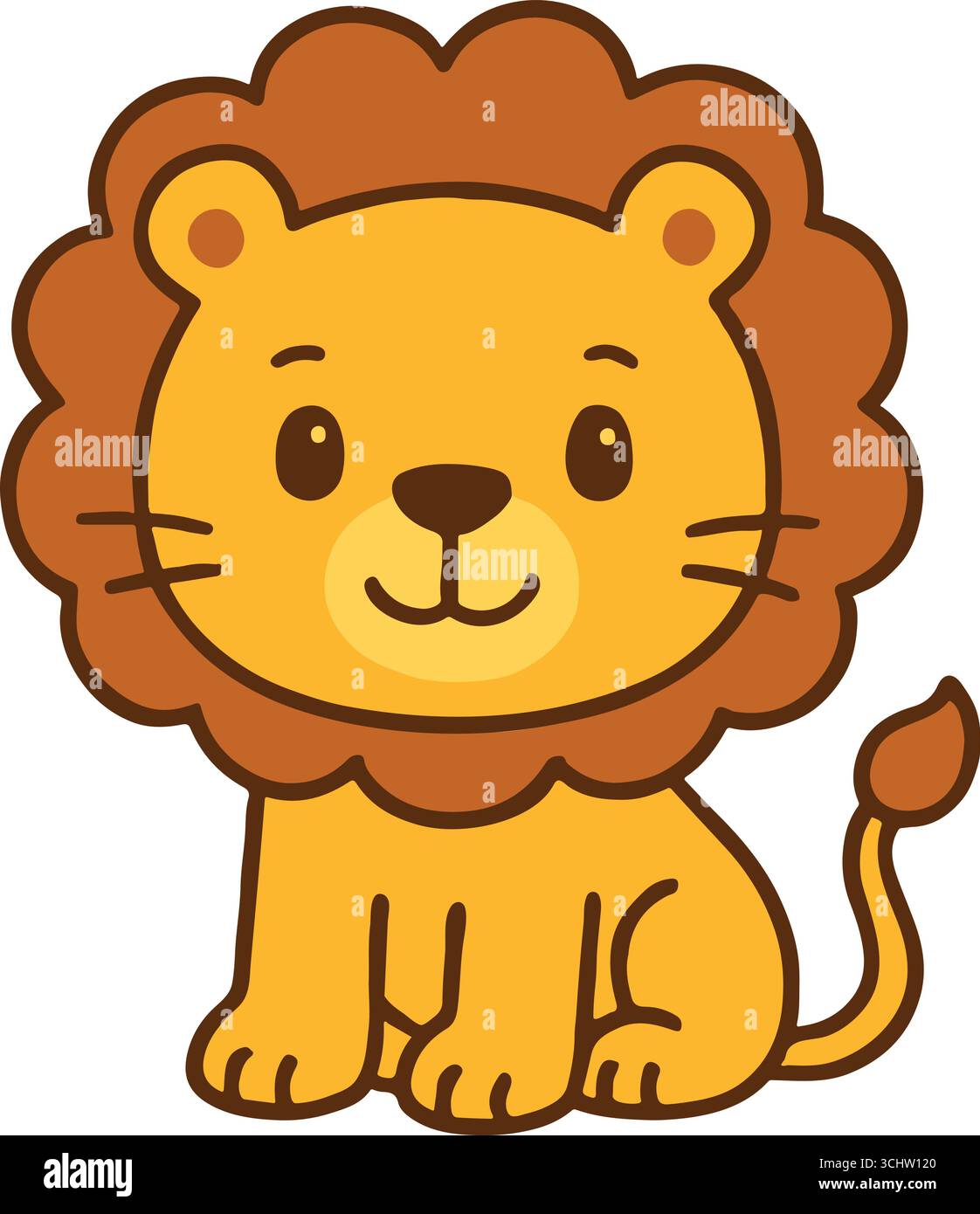 Carino illustrazione di un leone cartoni animati – adorabile leone bambino con criniera marrone, posa seduta, isolato su sfondo bianco – design per bambini, clipart animale Illustrazione Vettoriale