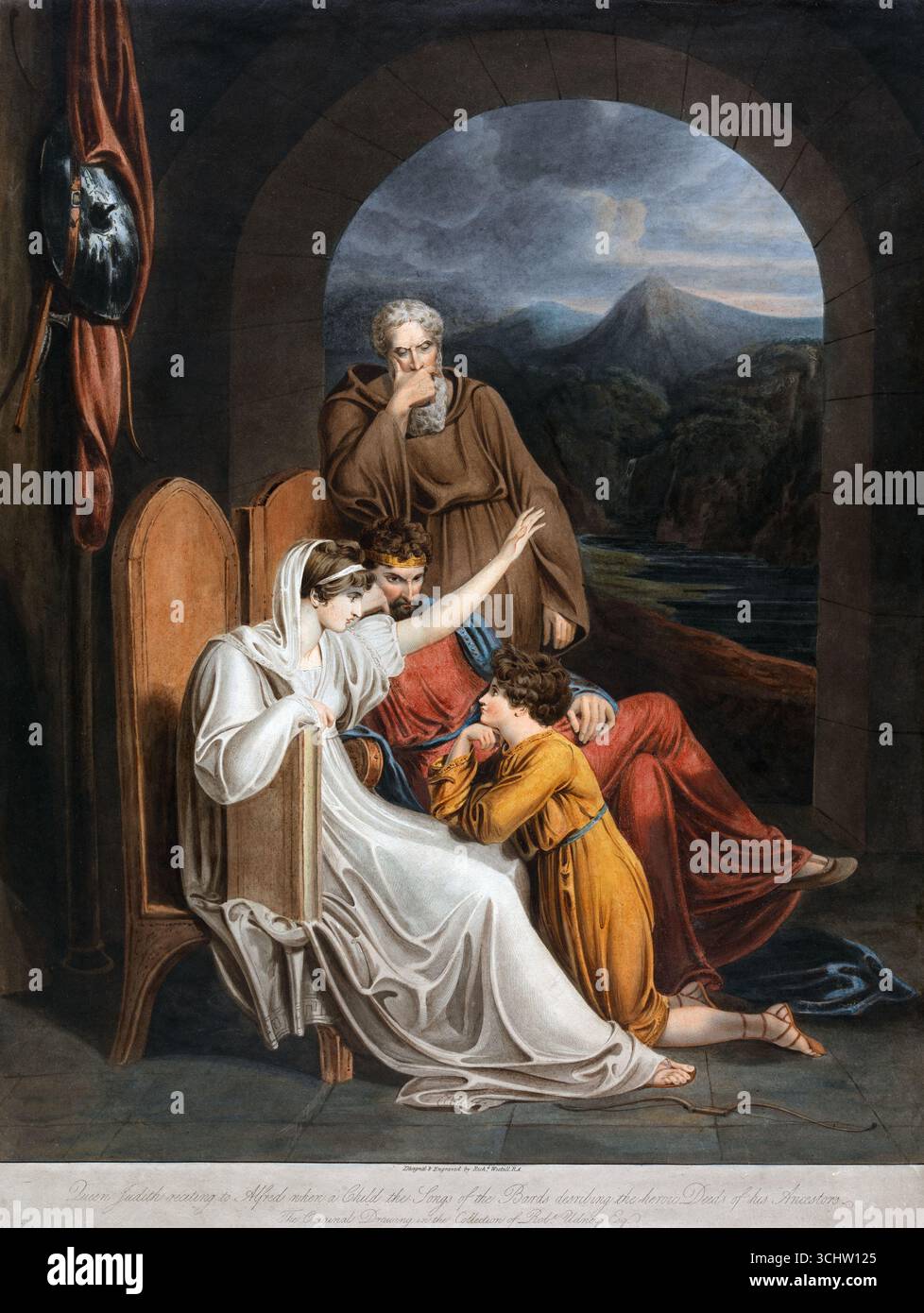 Un'incisione della regina Judith che recita ad Alfred When a child, di Richard Westall, arte ad acquerello del XVIII secolo, opere d'arte, stampe antiche vintage. Raffigurante il futuro Alfredo il grande come un bambino che ascolta la sua matrigna Foto Stock